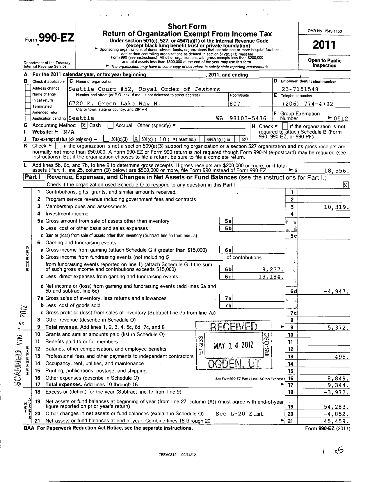 Image of first page of 2011 Form 990EO for Royal Order of Jesters - 052 Seattle Court