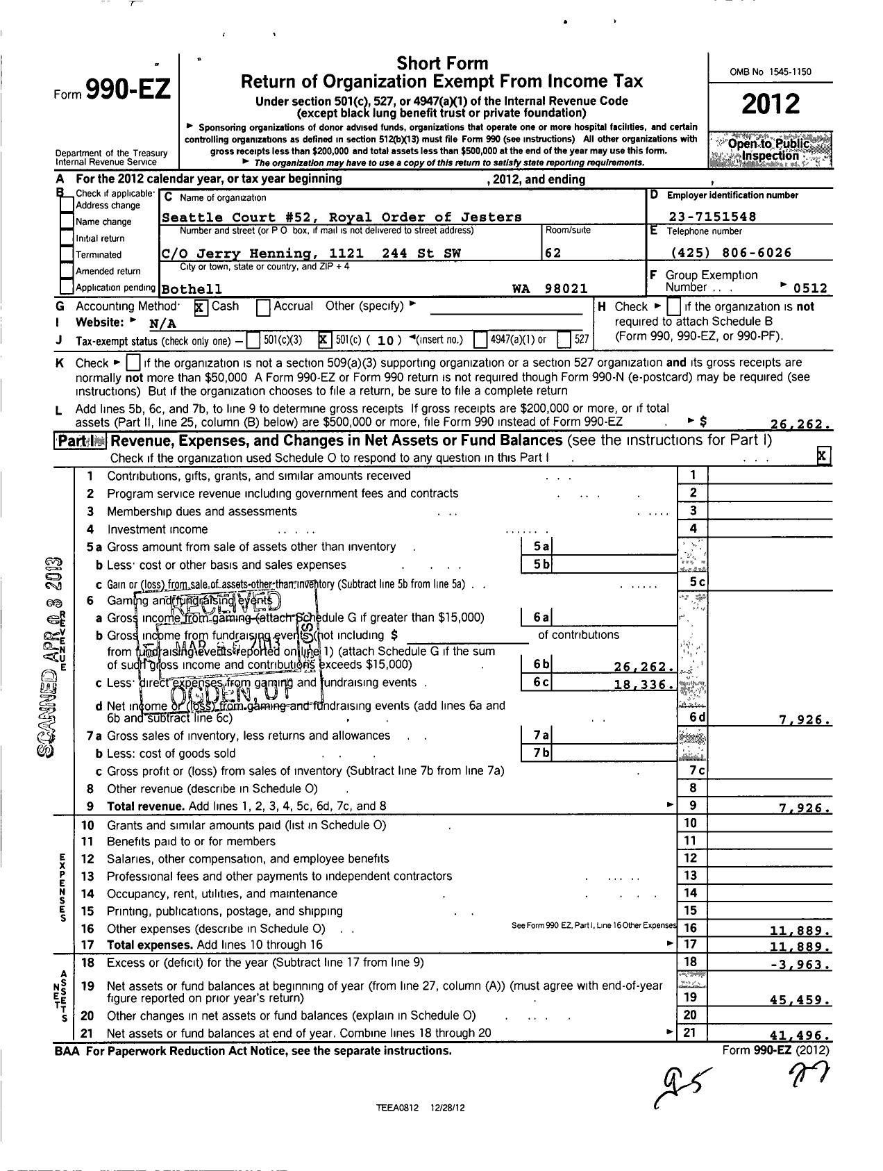 Image of first page of 2012 Form 990EO for Royal Order of Jesters - 052 Seattle Court