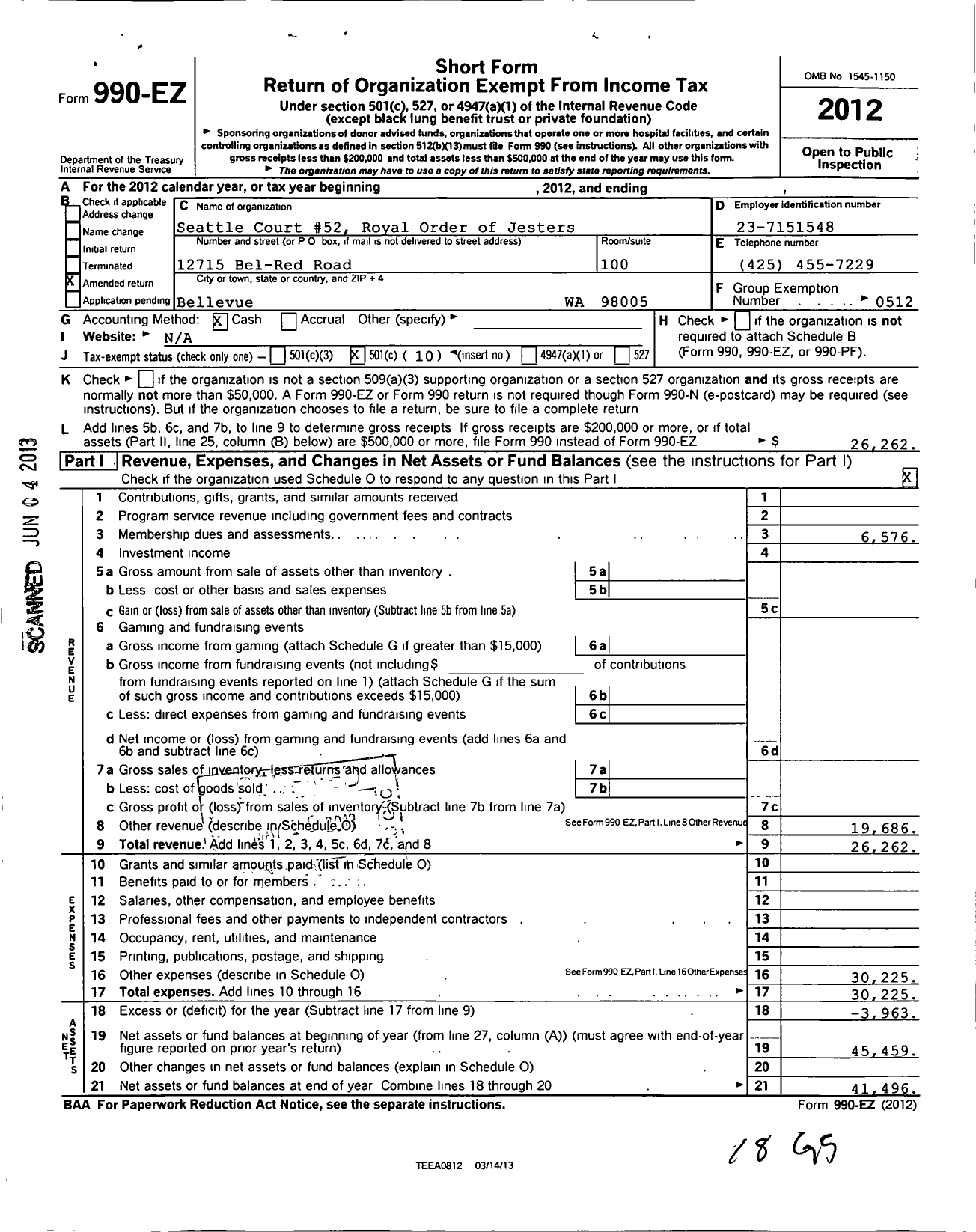 Image of first page of 2012 Form 990EO for Royal Order of Jesters - 052 Seattle Court