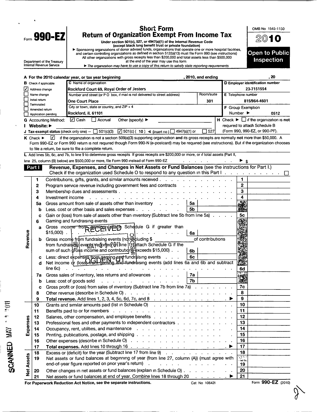 Image of first page of 2010 Form 990EO for Royal Order of Jesters - 069 Rockford Court