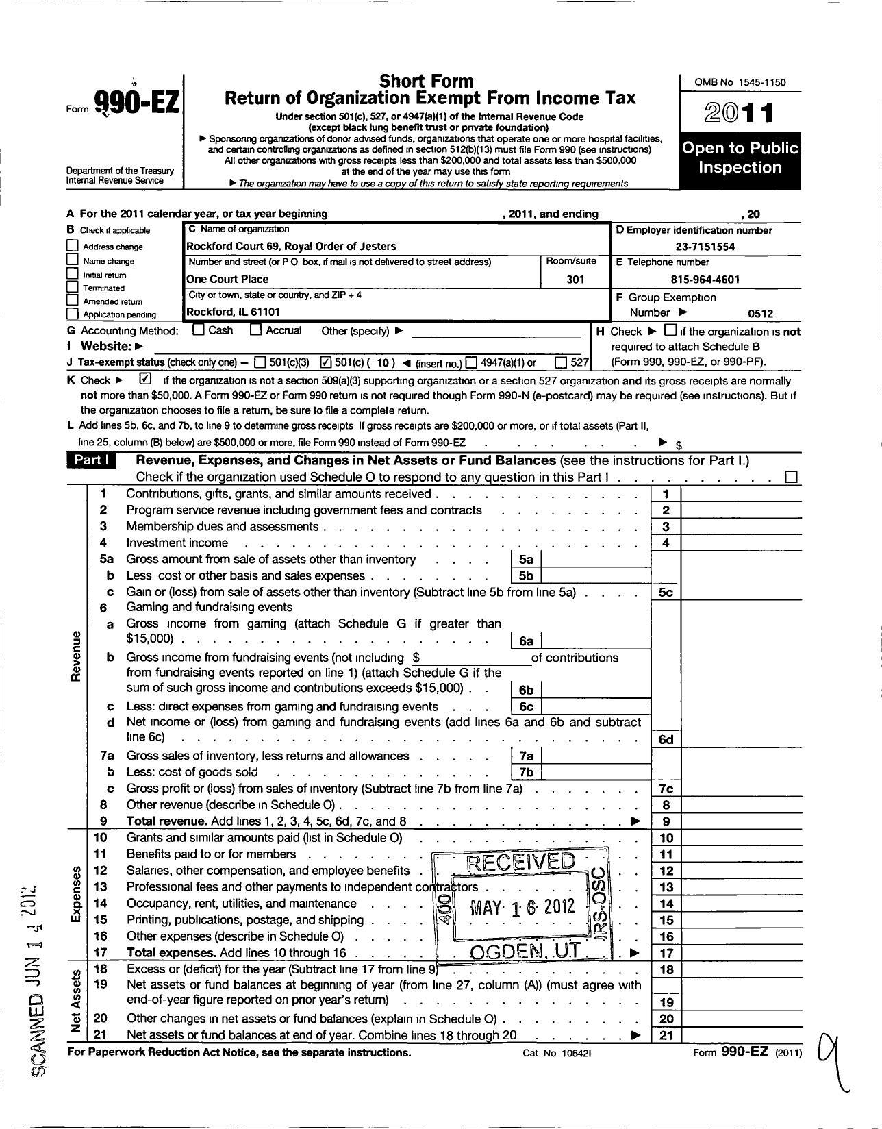 Image of first page of 2011 Form 990EO for Royal Order of Jesters - 069 Rockford Court