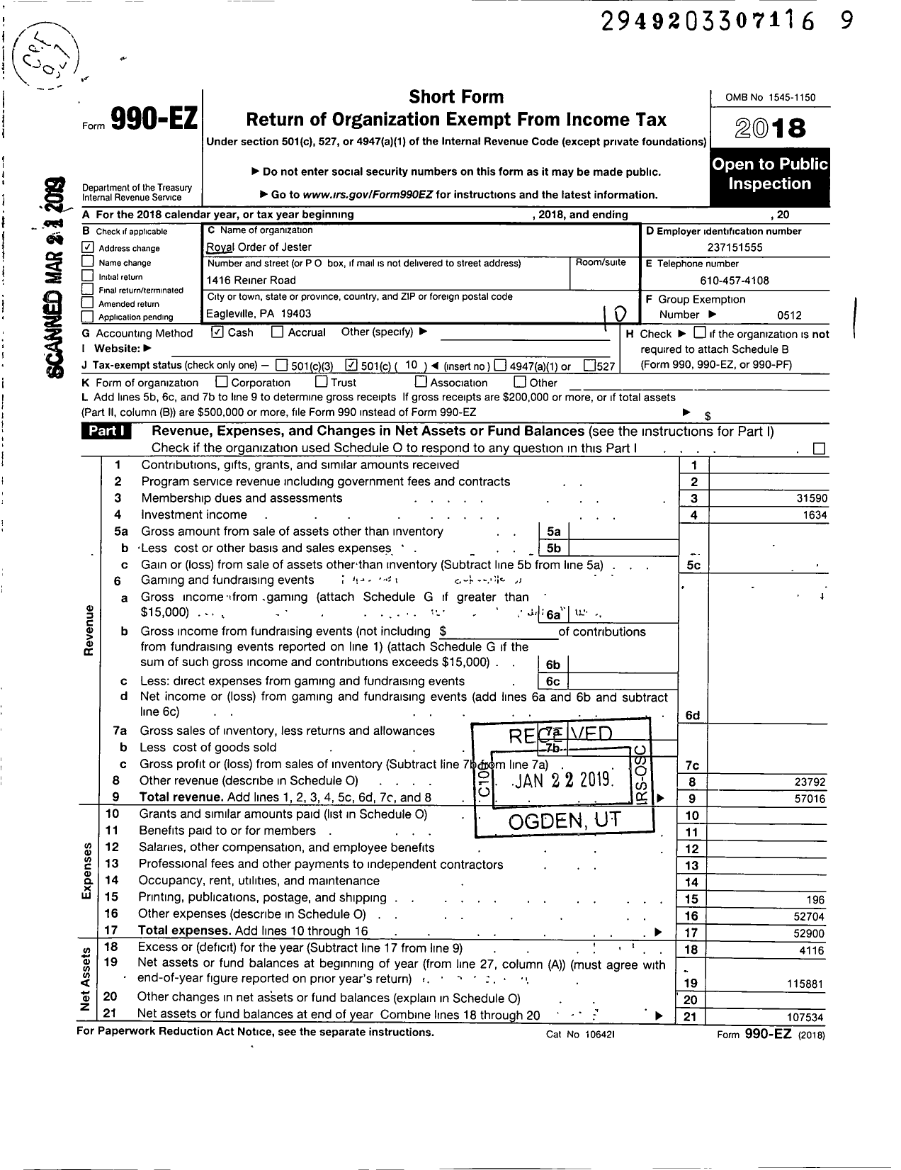 Image of first page of 2018 Form 990EO for Royal Order of Jesters - 072 Philadelphia Court