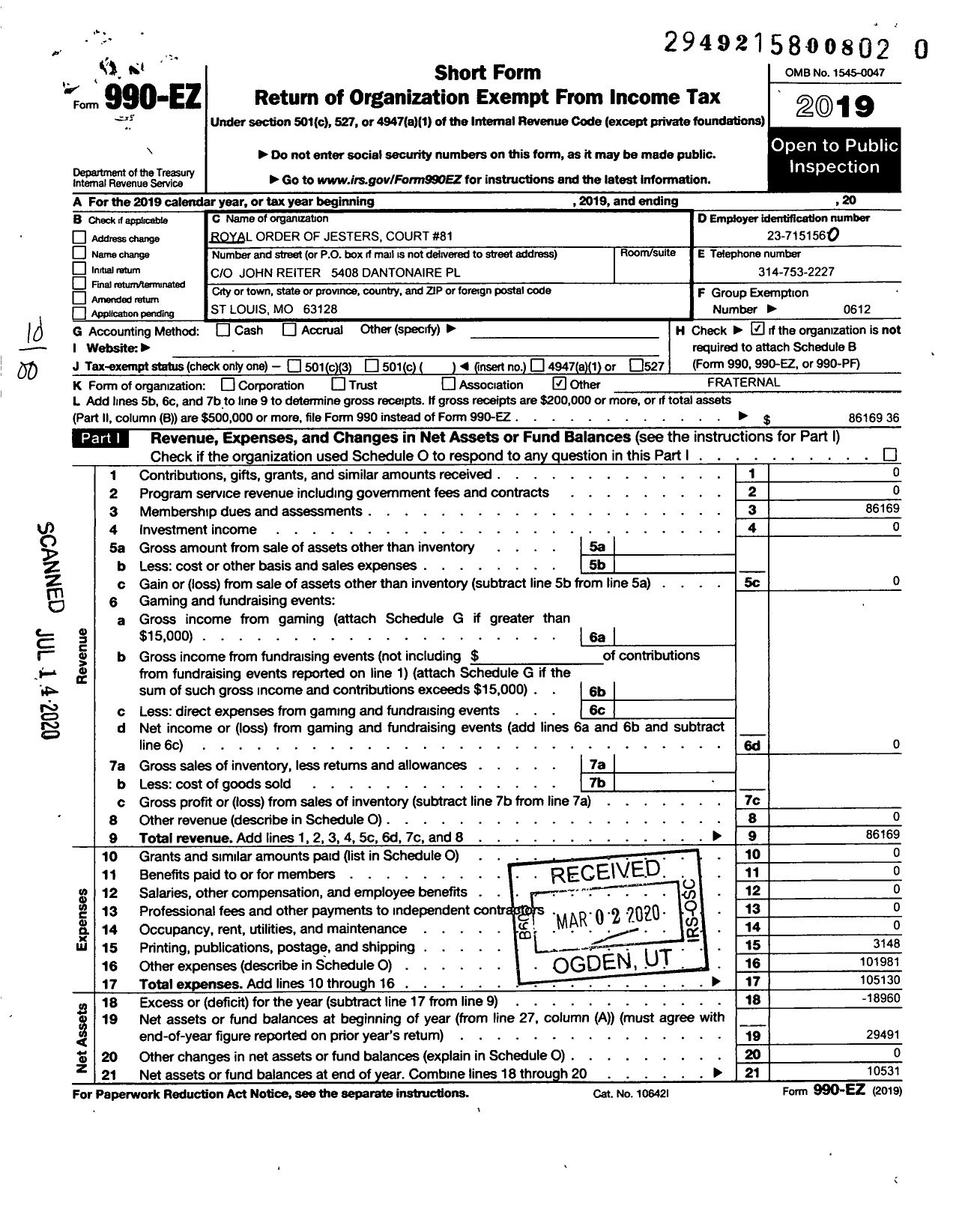 Image of first page of 2019 Form 990EO for Royal Order of Jesters - 081 Saint Louis Court