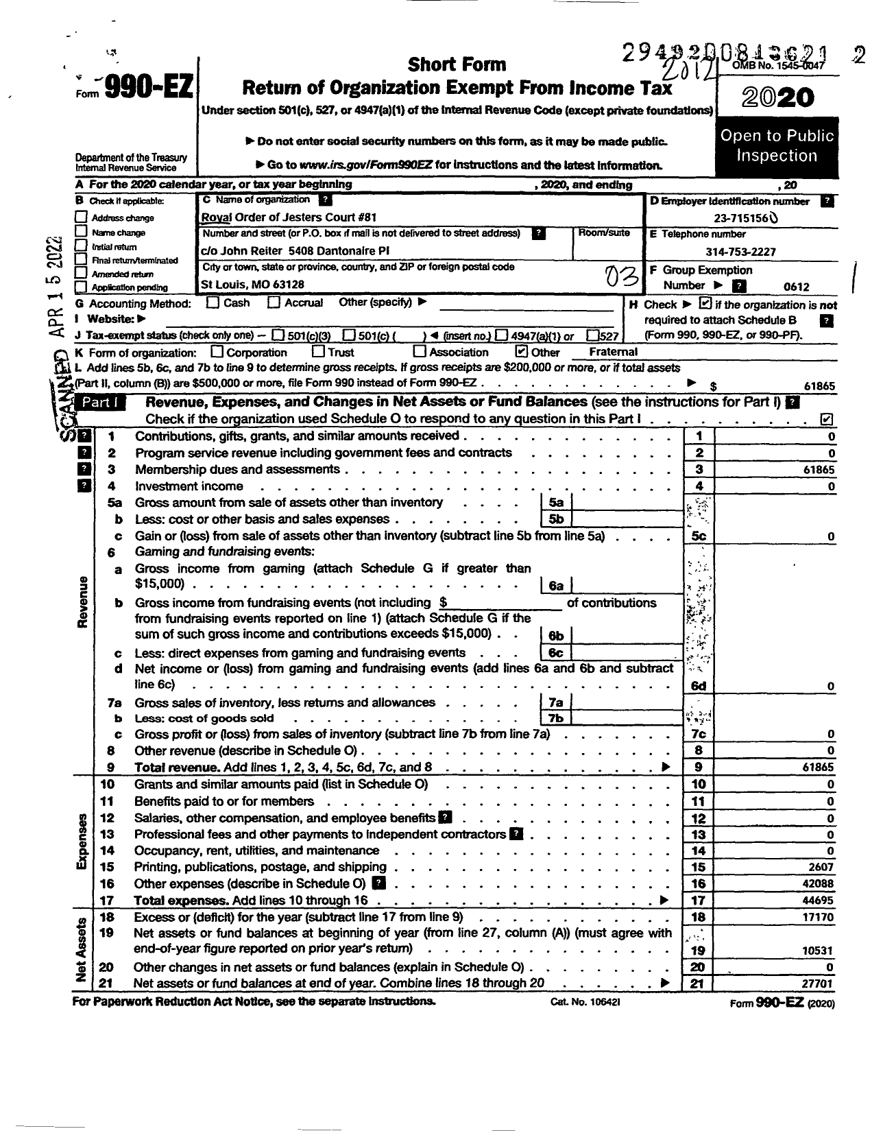 Image of first page of 2020 Form 990EZ for Royal Order of Jesters - 081 Saint Louis Court