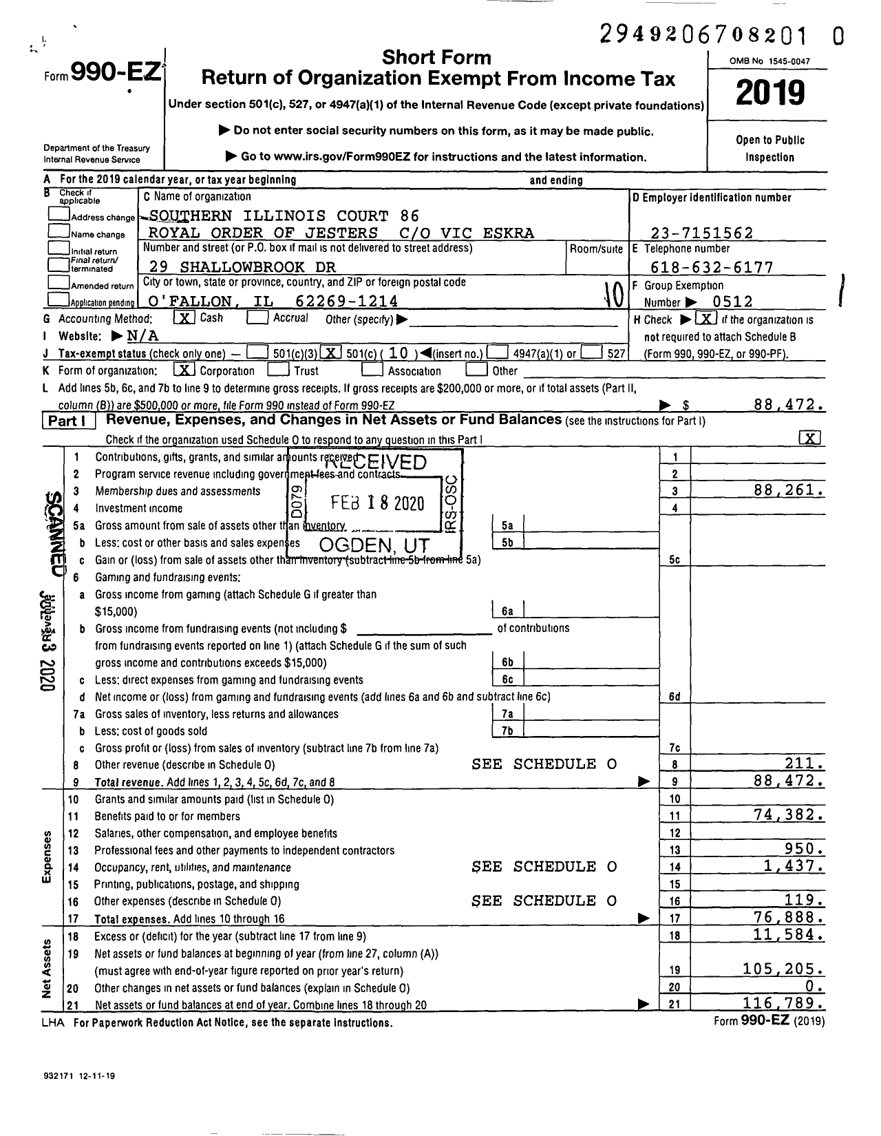 Image of first page of 2019 Form 990EO for Royal Order of Jesters - 086 Southern Illinois Court