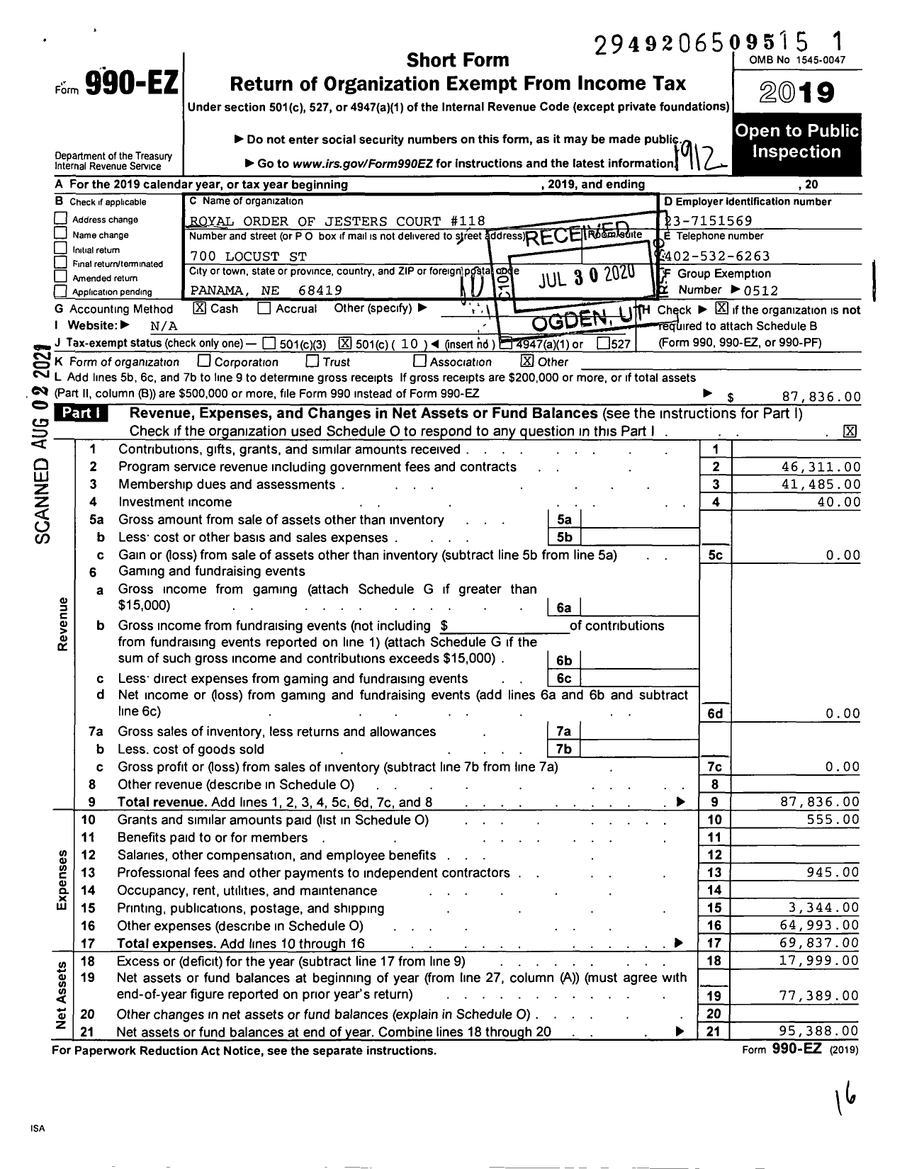 Image of first page of 2019 Form 990EO for Royal Order of Jesters - 118 Lincoln Court