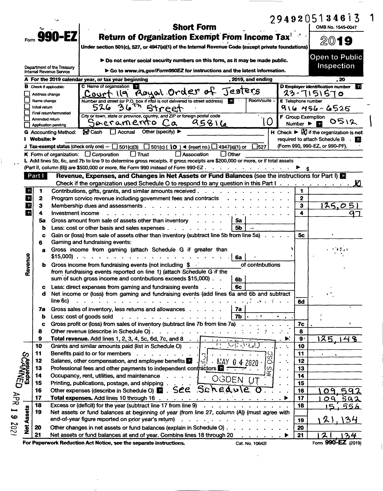 Image of first page of 2019 Form 990EO for Royal Order of Jesters - 119 Sacramento Court