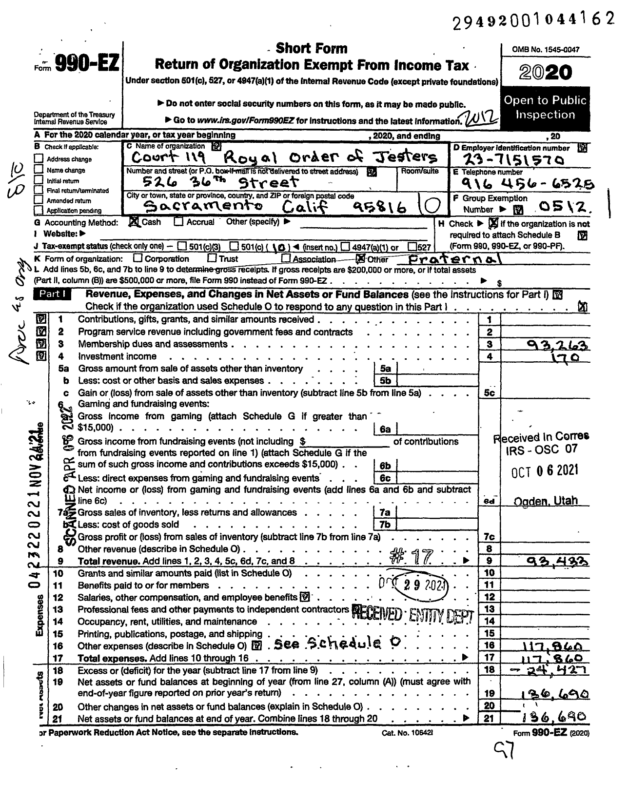 Image of first page of 2020 Form 990EO for Royal Order of Jesters - 119 Sacramento Court