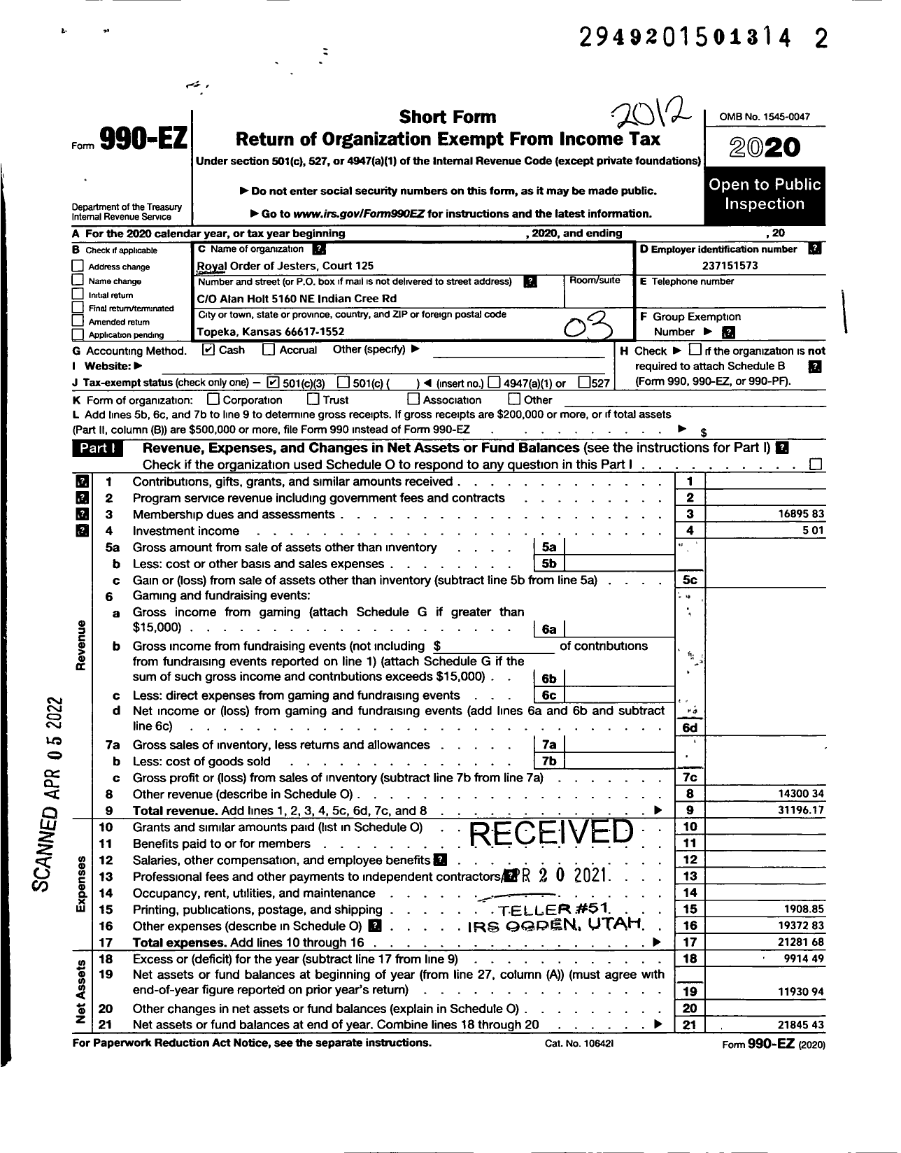 Image of first page of 2020 Form 990EZ for Royal Order of Jesters - 0125