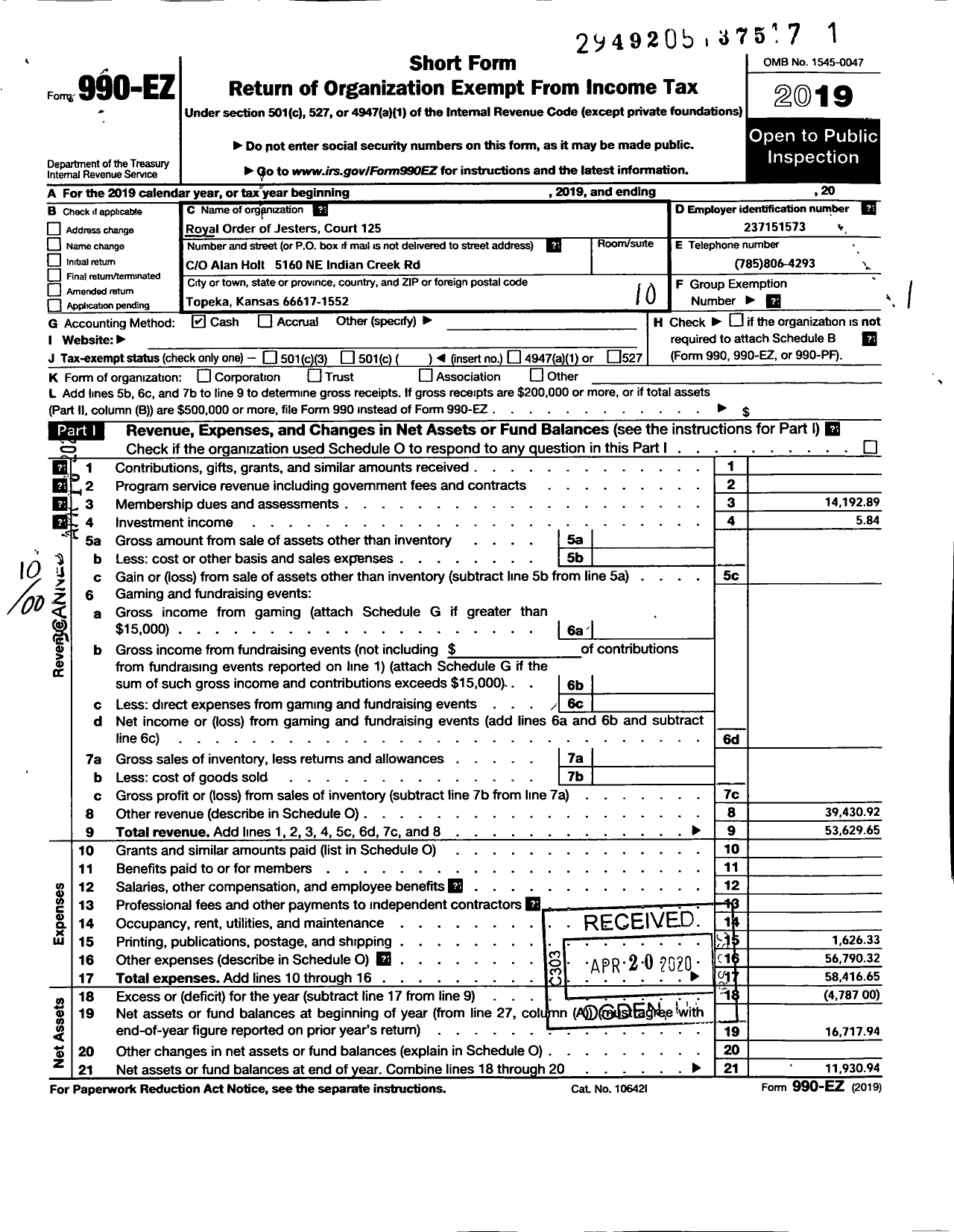 Image of first page of 2019 Form 990EO for Royal Order of Jesters - 0125