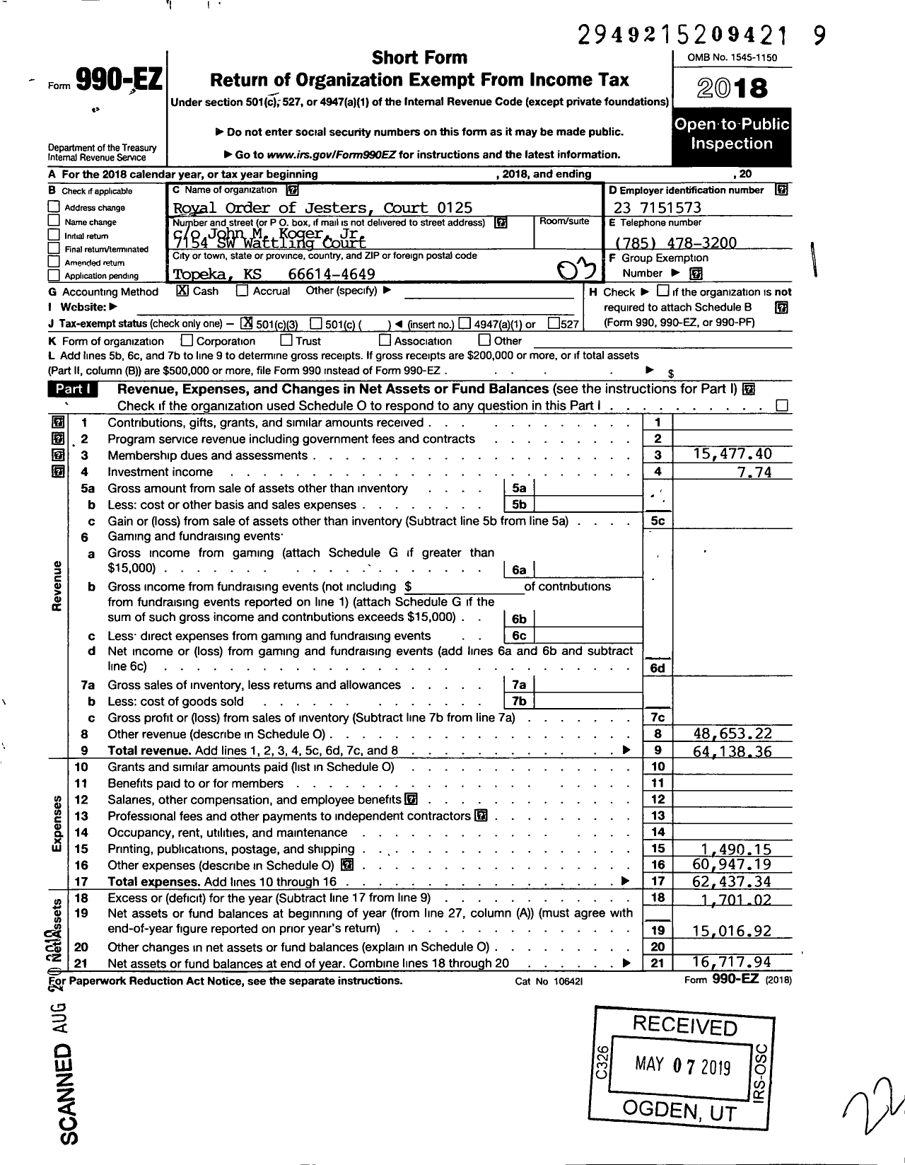 Image of first page of 2018 Form 990EZ for Royal Order of Jesters - 0125