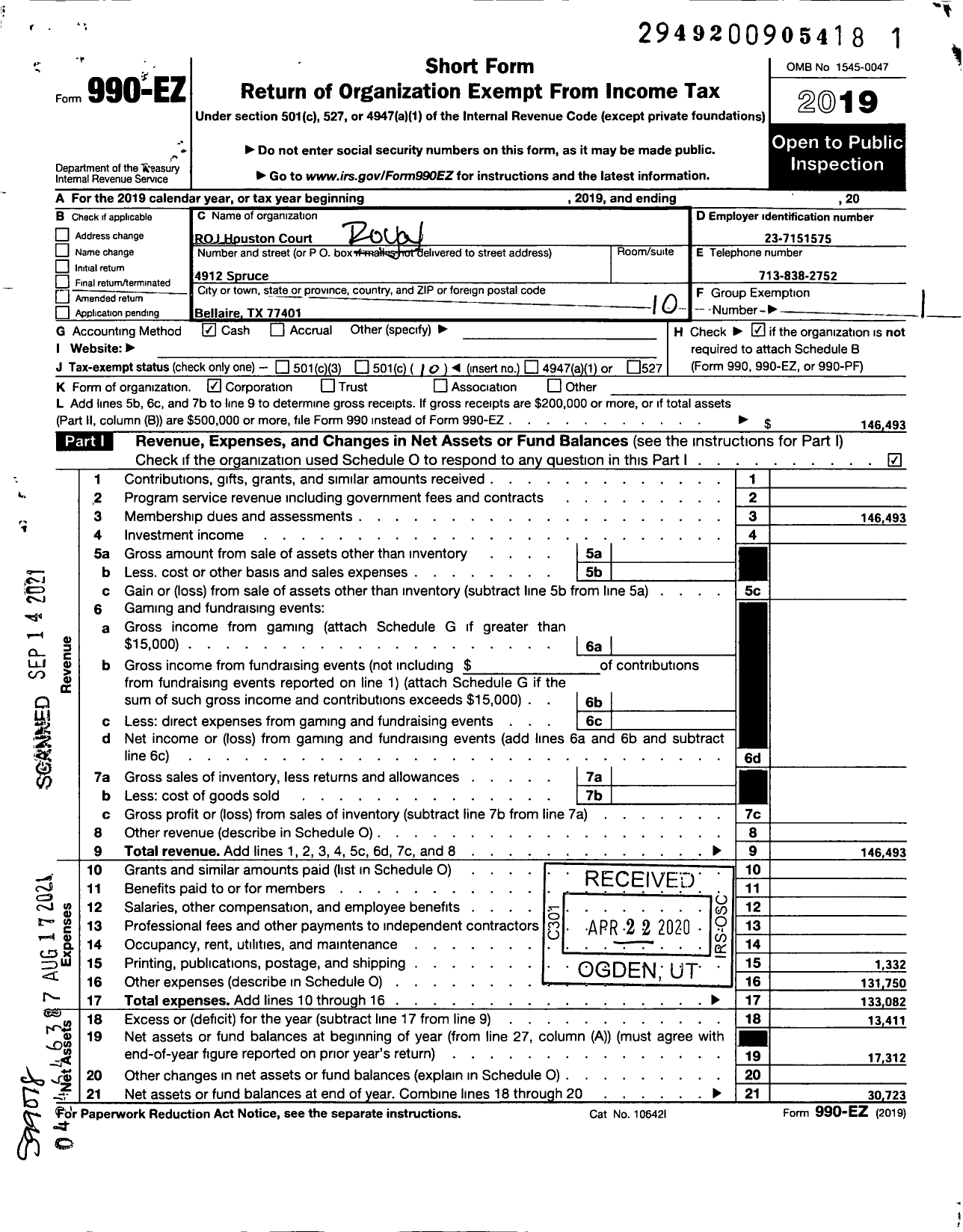 Image of first page of 2019 Form 990EO for ROYAL ORDER OF JESTERS - 136 Houston Court