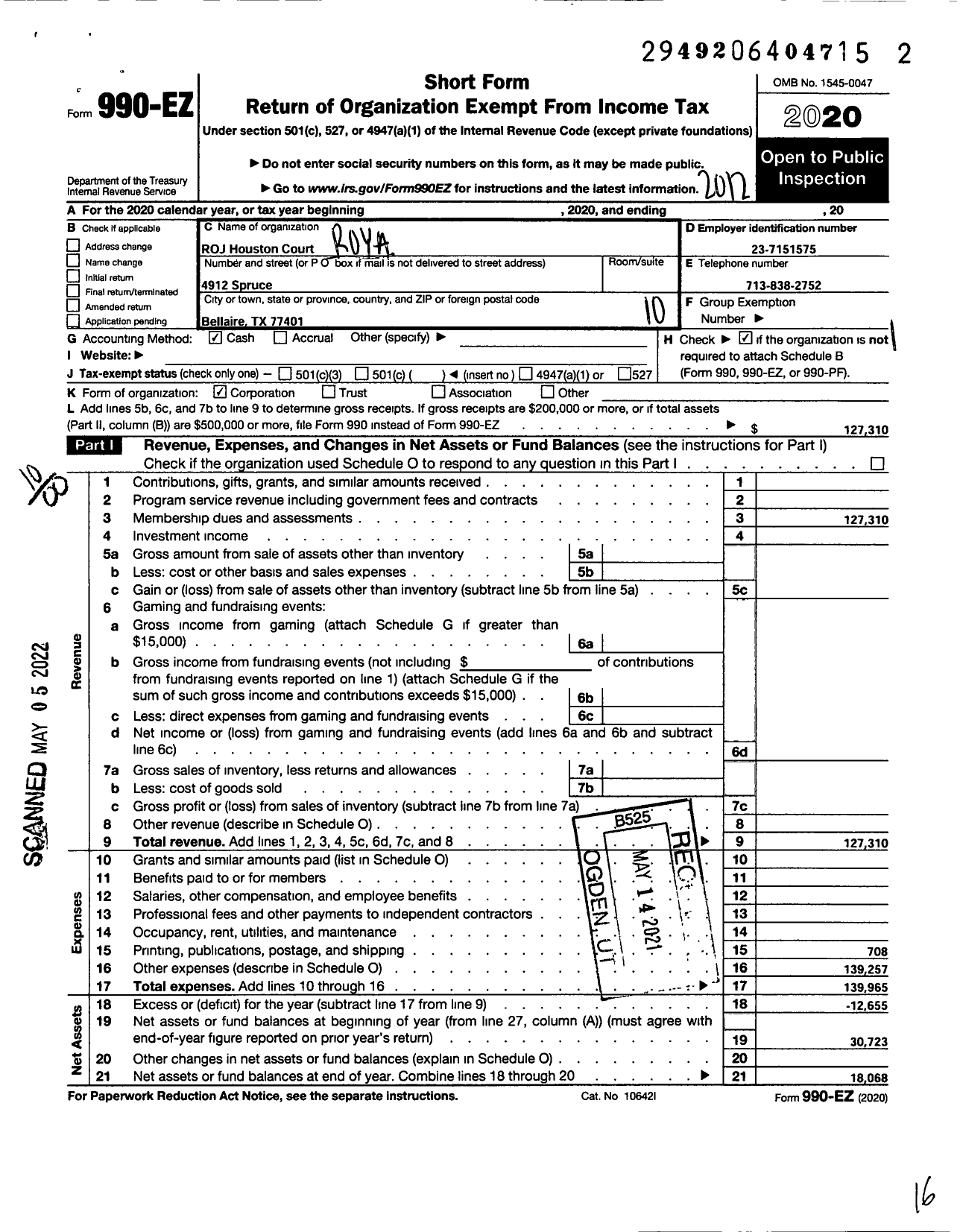 Image of first page of 2020 Form 990EO for ROYAL ORDER OF JESTERS - 136 Houston Court