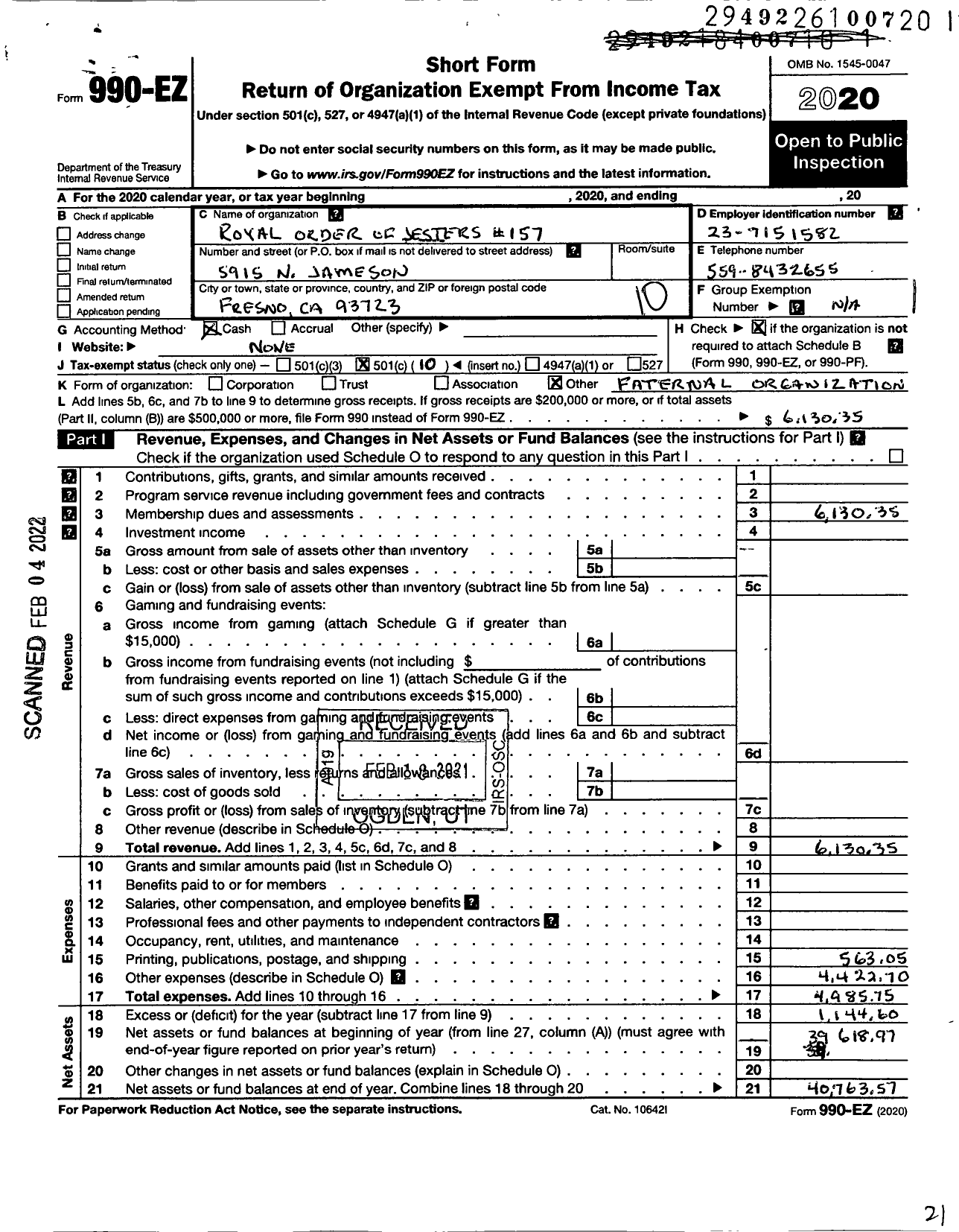 Image of first page of 2020 Form 990EO for Royal Order of Jesters - 157 Fresno Court