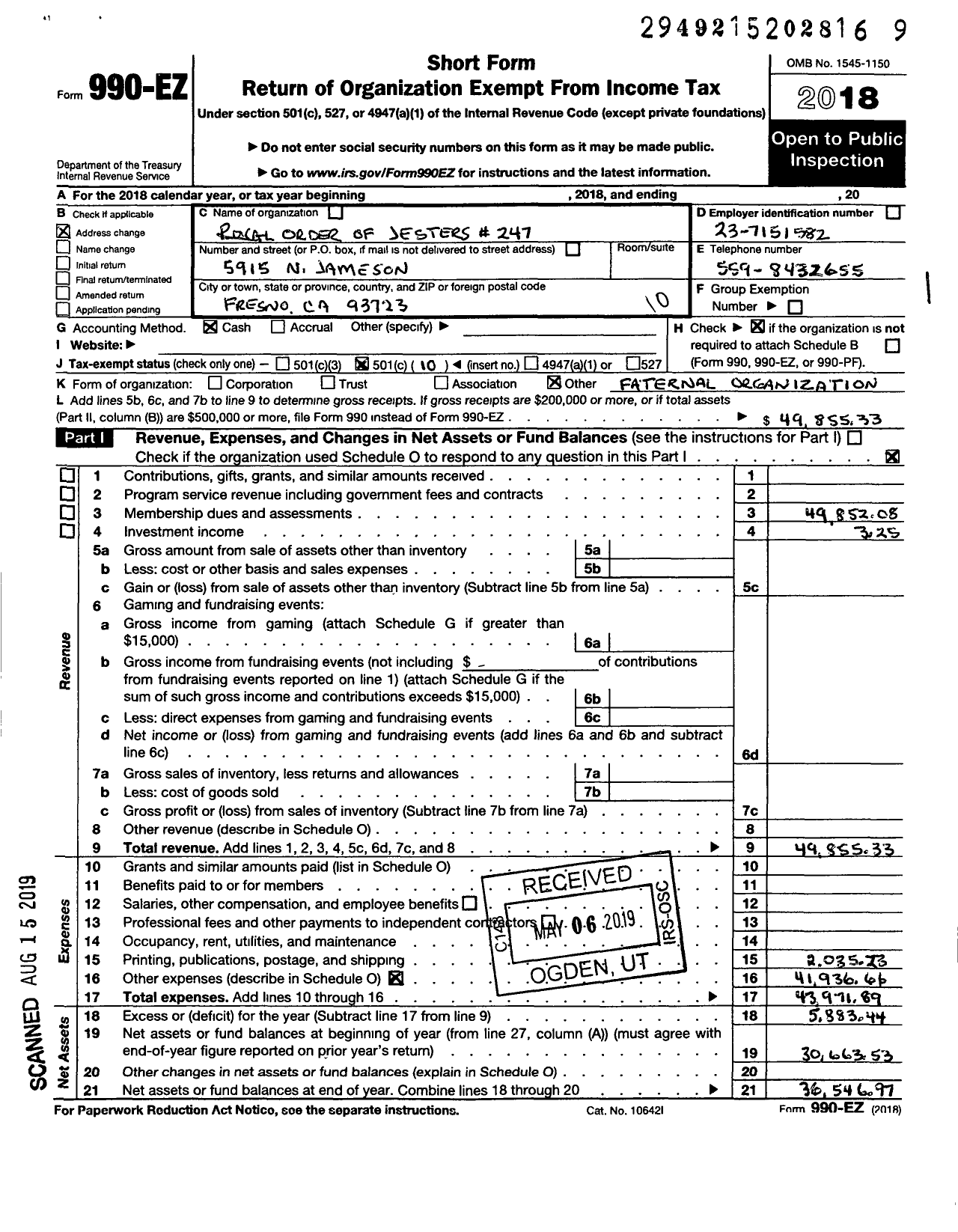 Image of first page of 2018 Form 990EO for Royal Order of Jesters - 157 Fresno Court