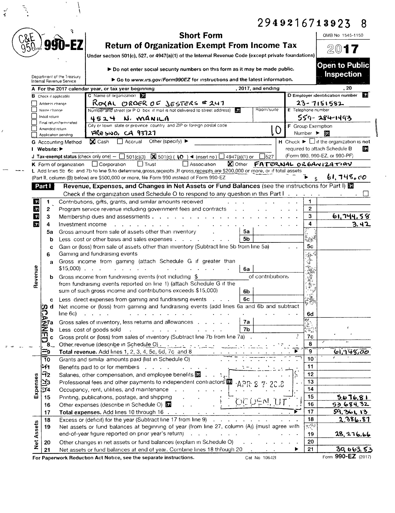 Image of first page of 2017 Form 990EO for Royal Order of Jesters - 157 Fresno Court