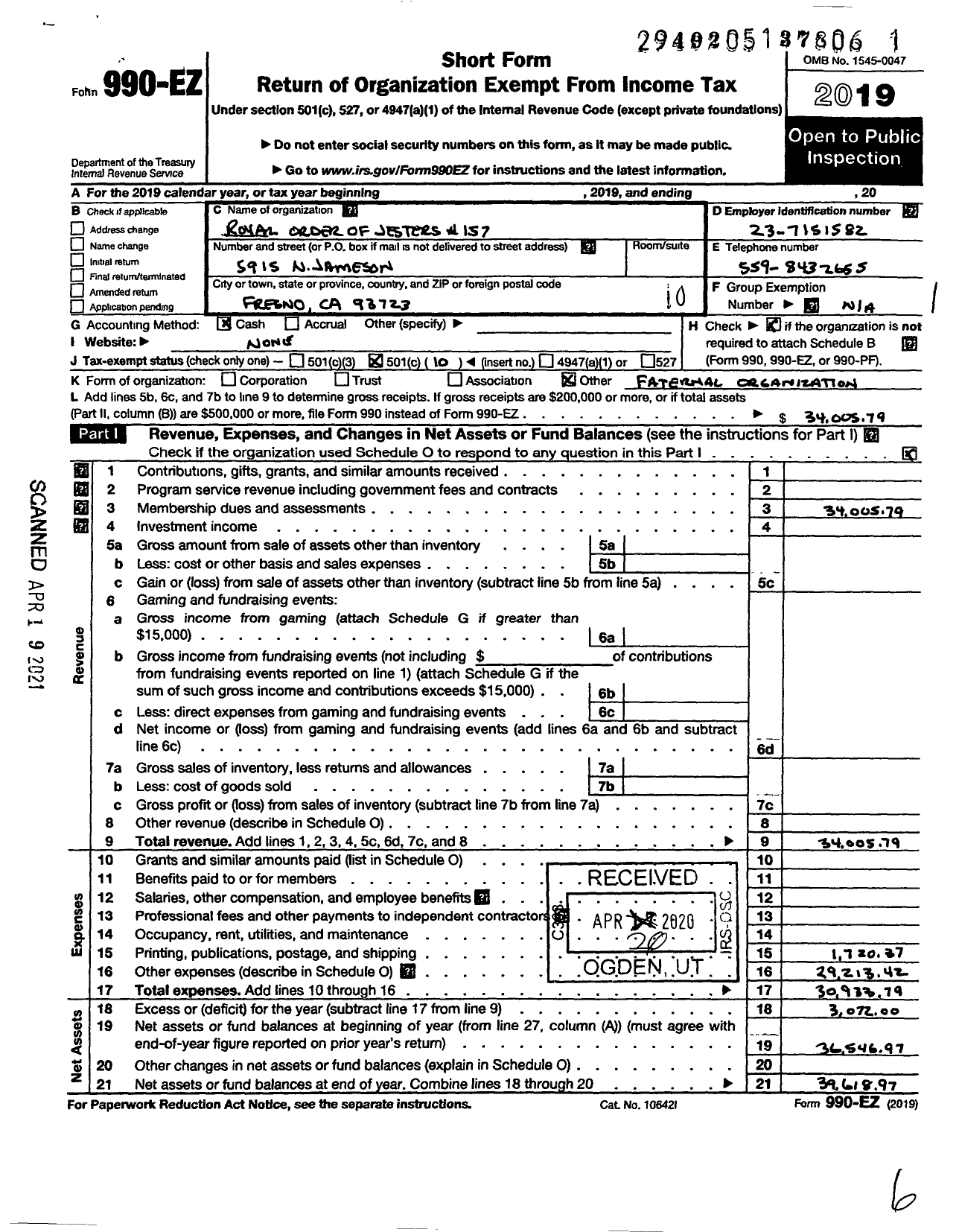 Image of first page of 2019 Form 990EO for Royal Order of Jesters - 157 Fresno Court