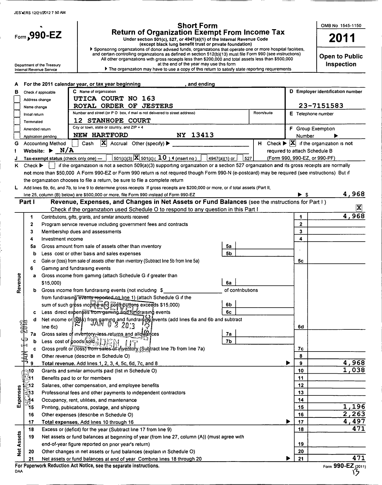 Image of first page of 2011 Form 990EO for Royal Order of Jesters Utica Court No 163