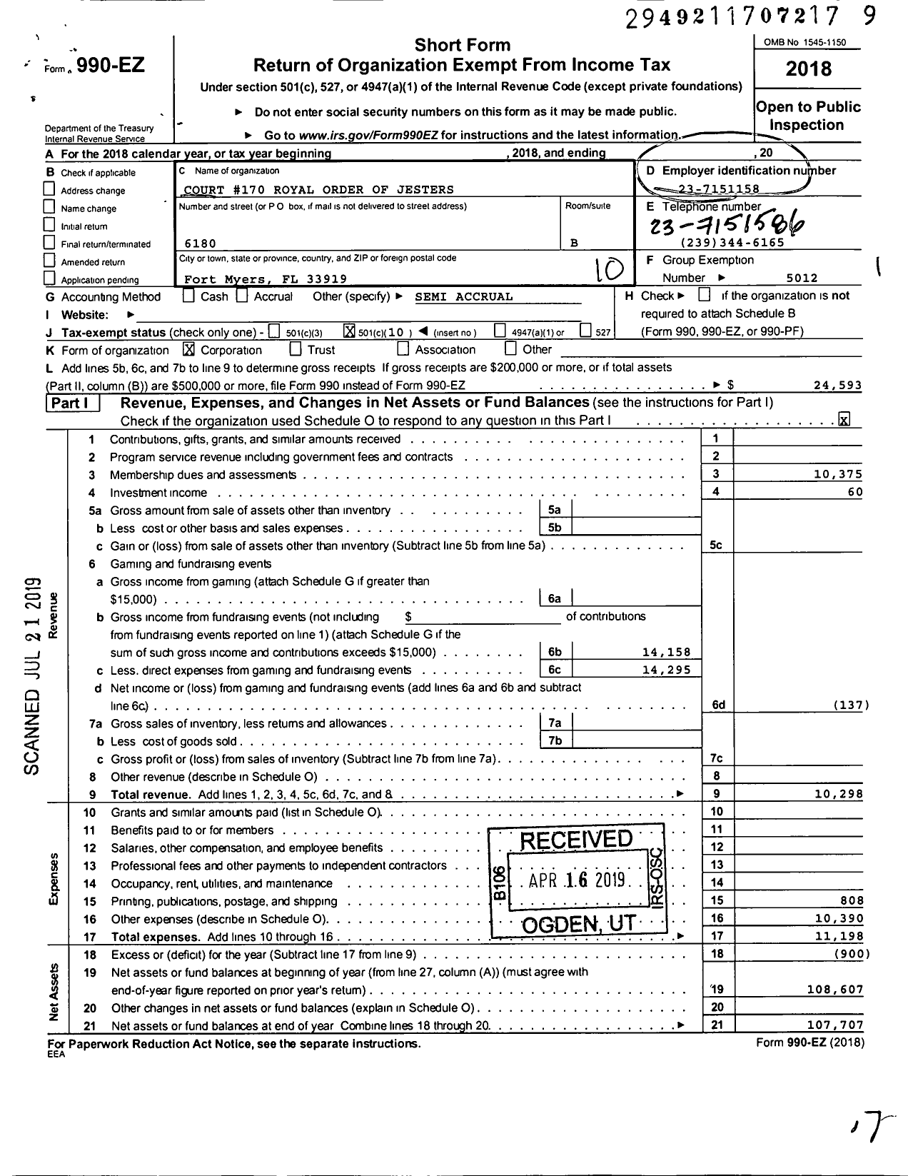 Image of first page of 2018 Form 990EO for ROJ Court 170 Royal Order Jesters - 170 Fort Myers