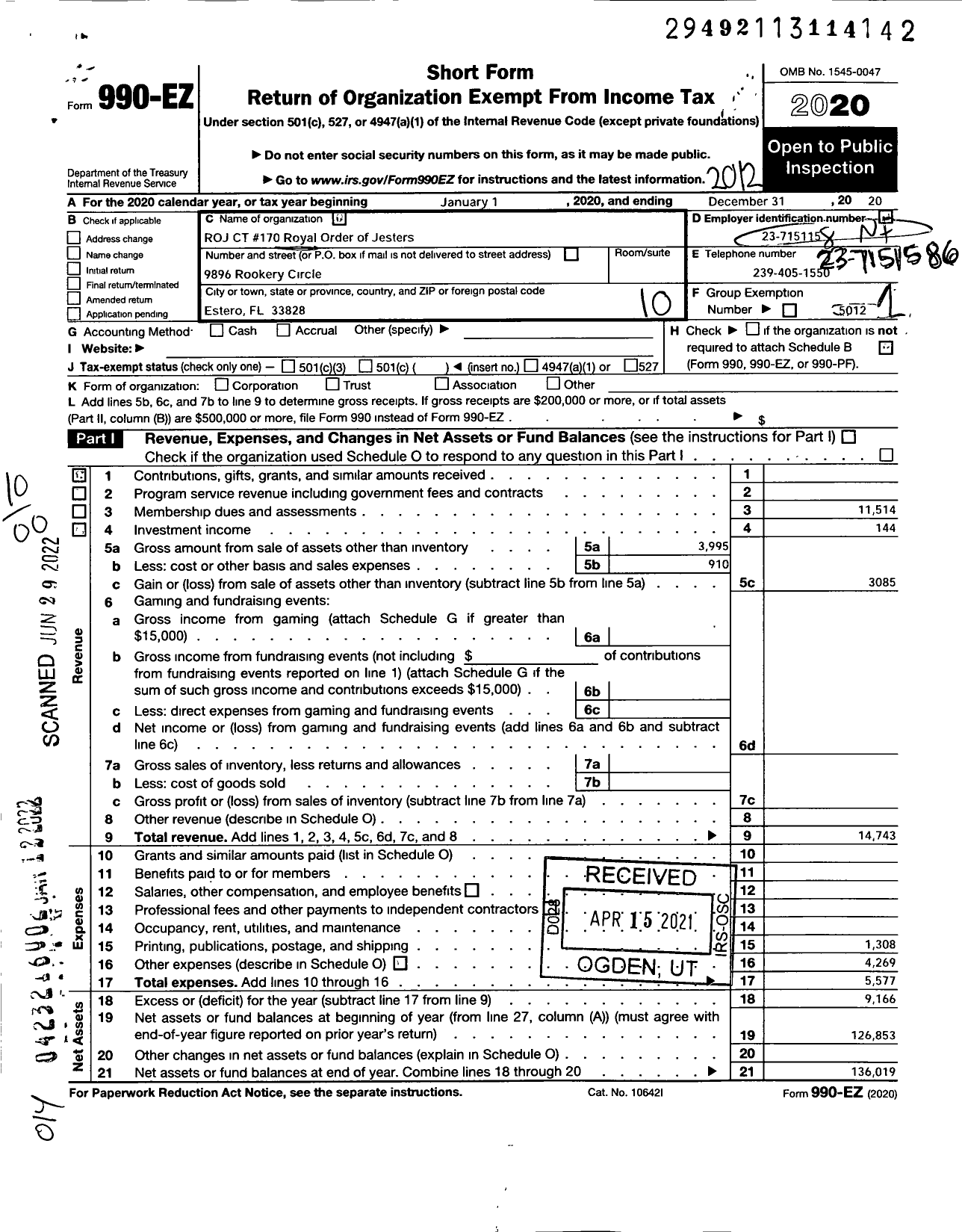 Image of first page of 2020 Form 990EO for ROJ Court 170 Royal Order Jesters - 170 Fort Myers