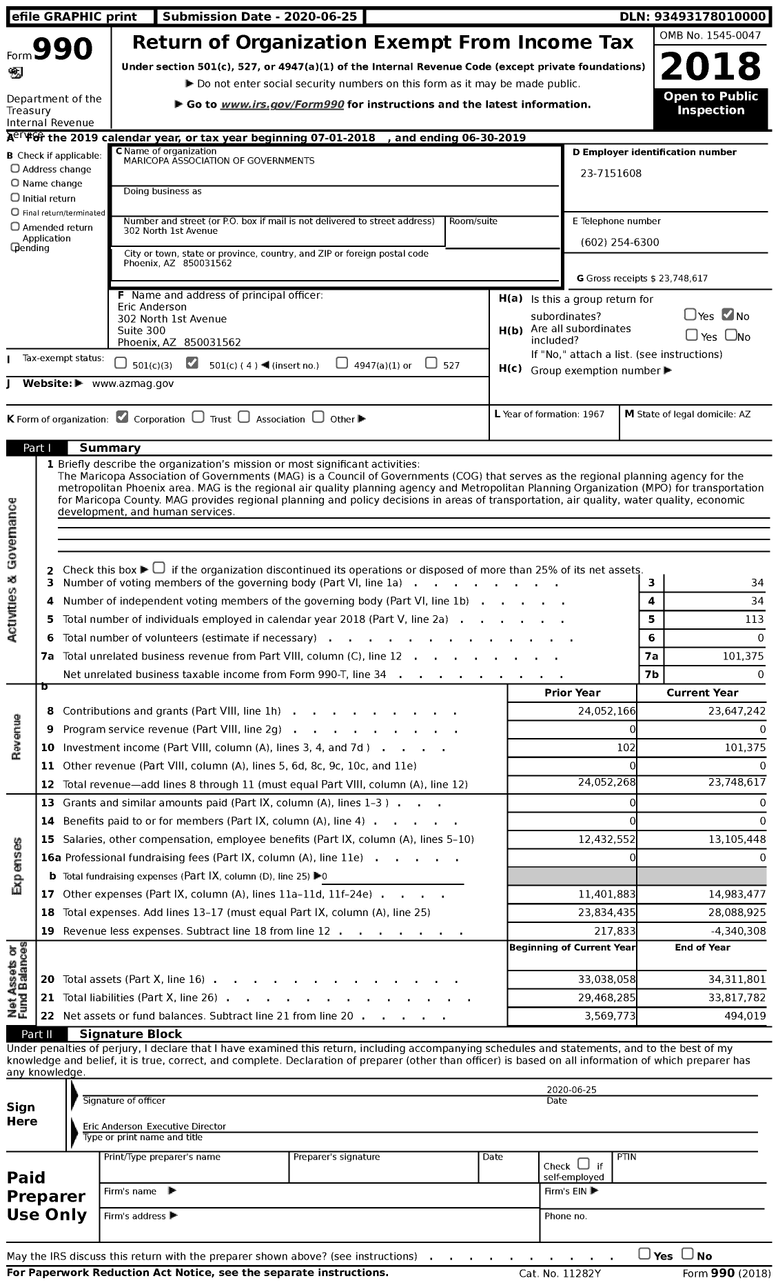 Image of first page of 2018 Form 990 for Maricopa Association of Governments