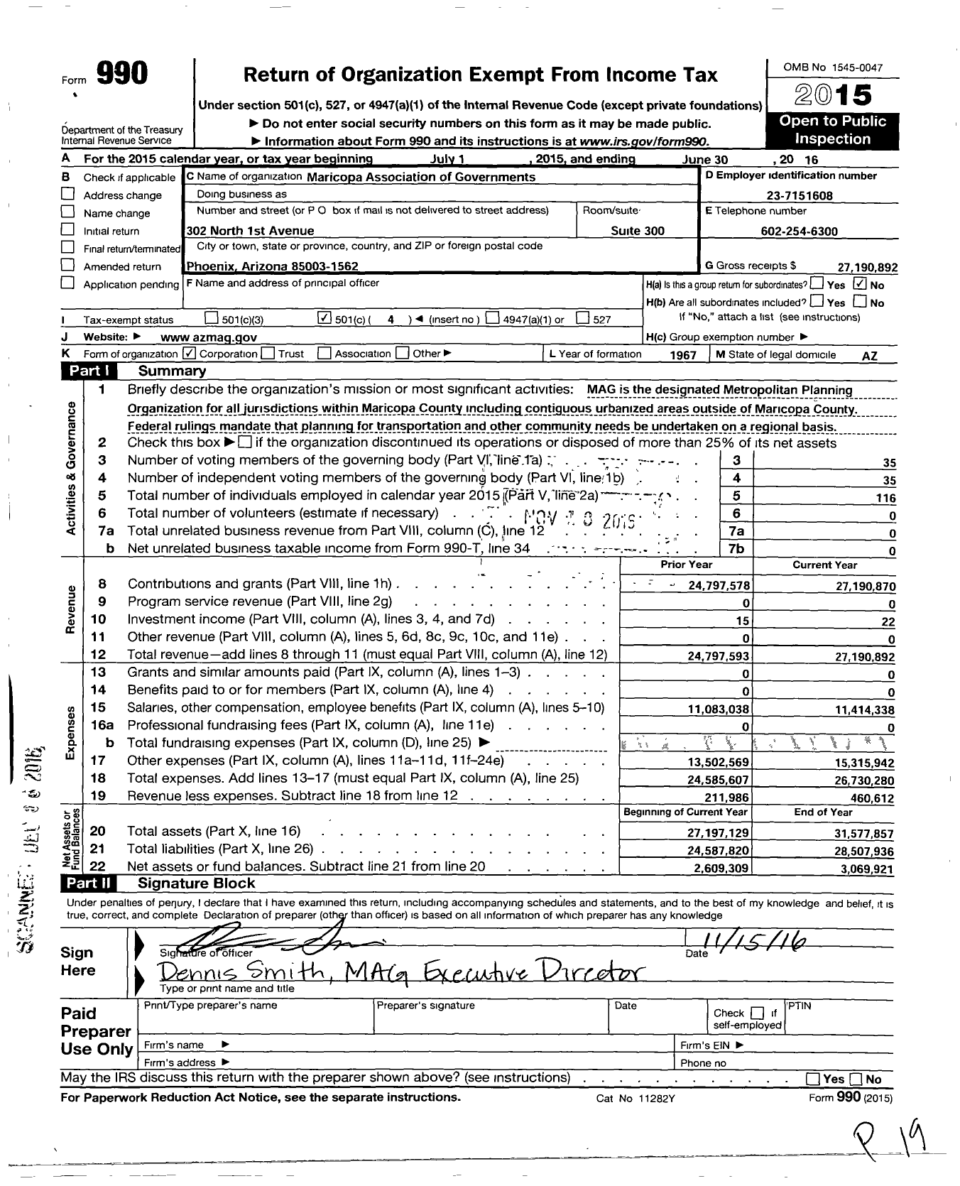 Image of first page of 2015 Form 990O for Maricopa Association of Governments