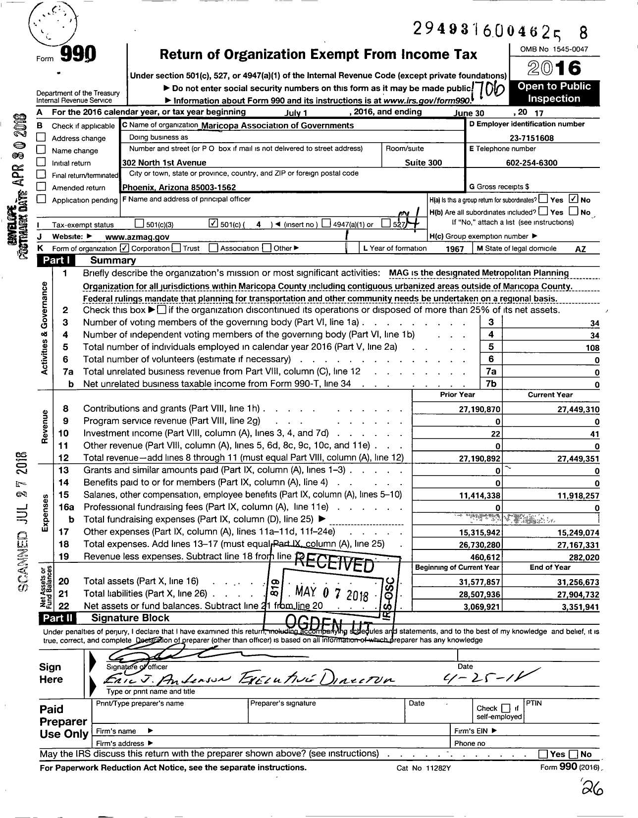 Image of first page of 2016 Form 990O for Maricopa Association of Governments
