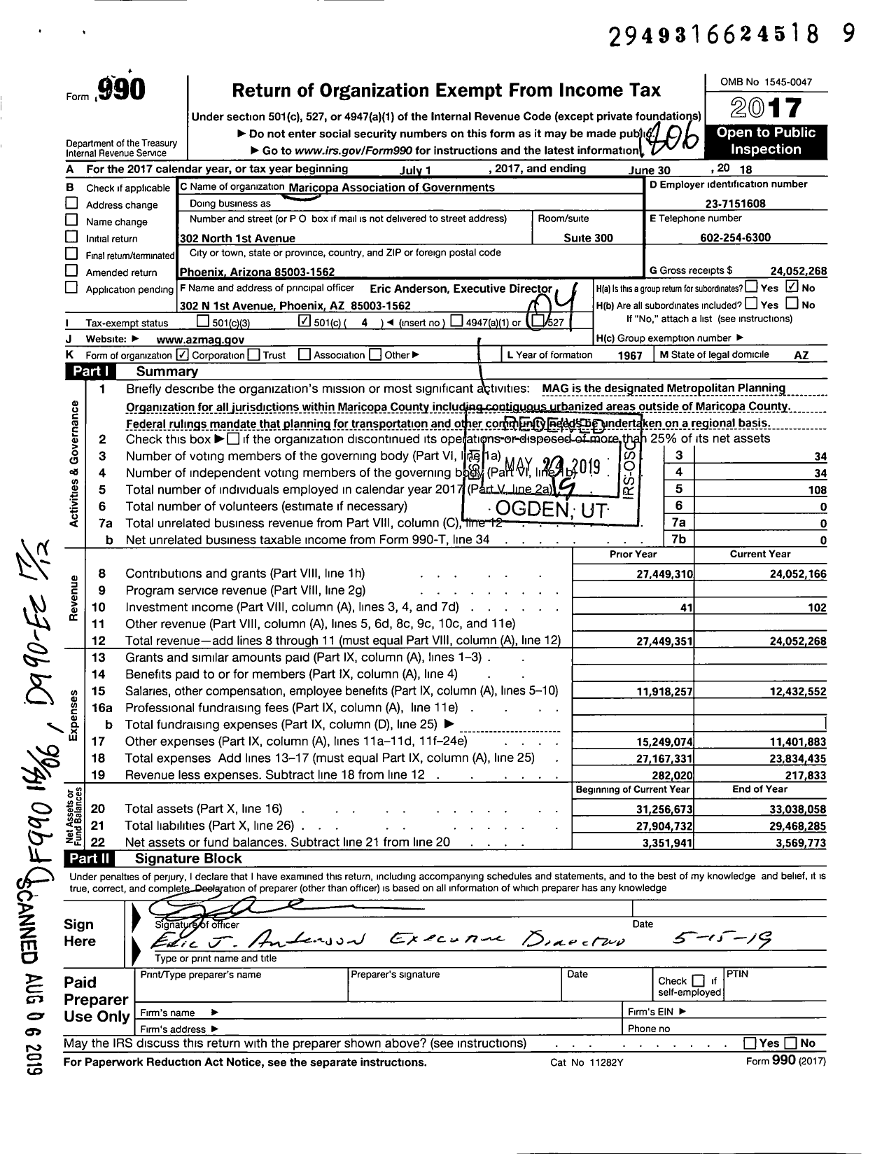 Image of first page of 2017 Form 990O for Maricopa Association of Governments