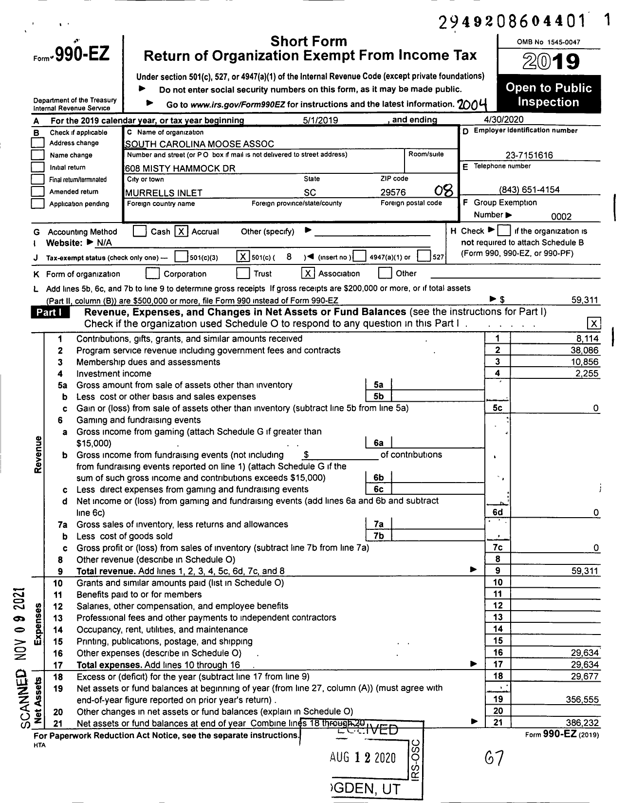 Image of first page of 2019 Form 990EO for South Carolina Moose Association