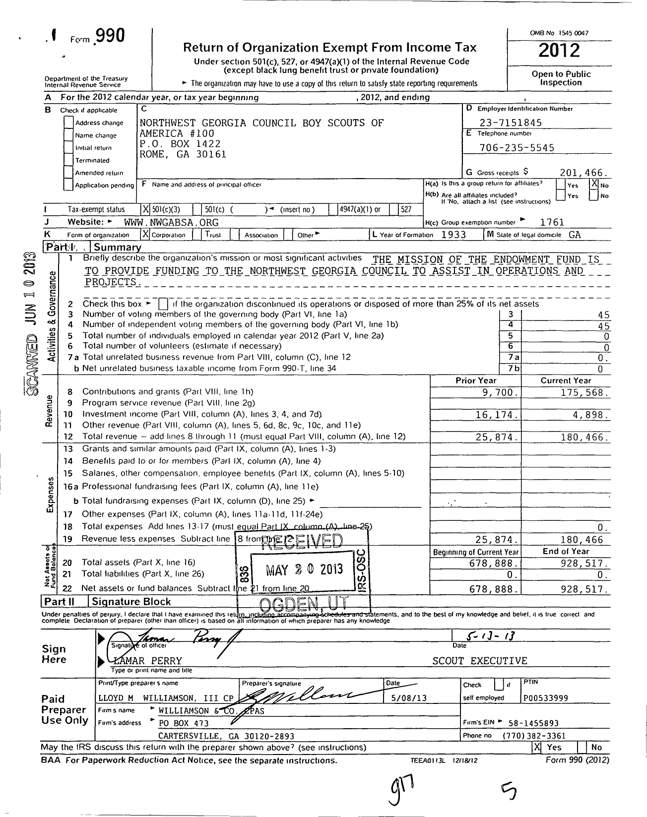 Image of first page of 2012 Form 990 for Northwest Georgia Council Boy Scouts of America 100