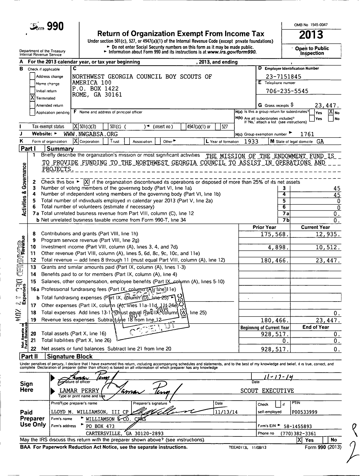 Image of first page of 2013 Form 990 for Northwest Georgia Council Boy Scouts of America 100