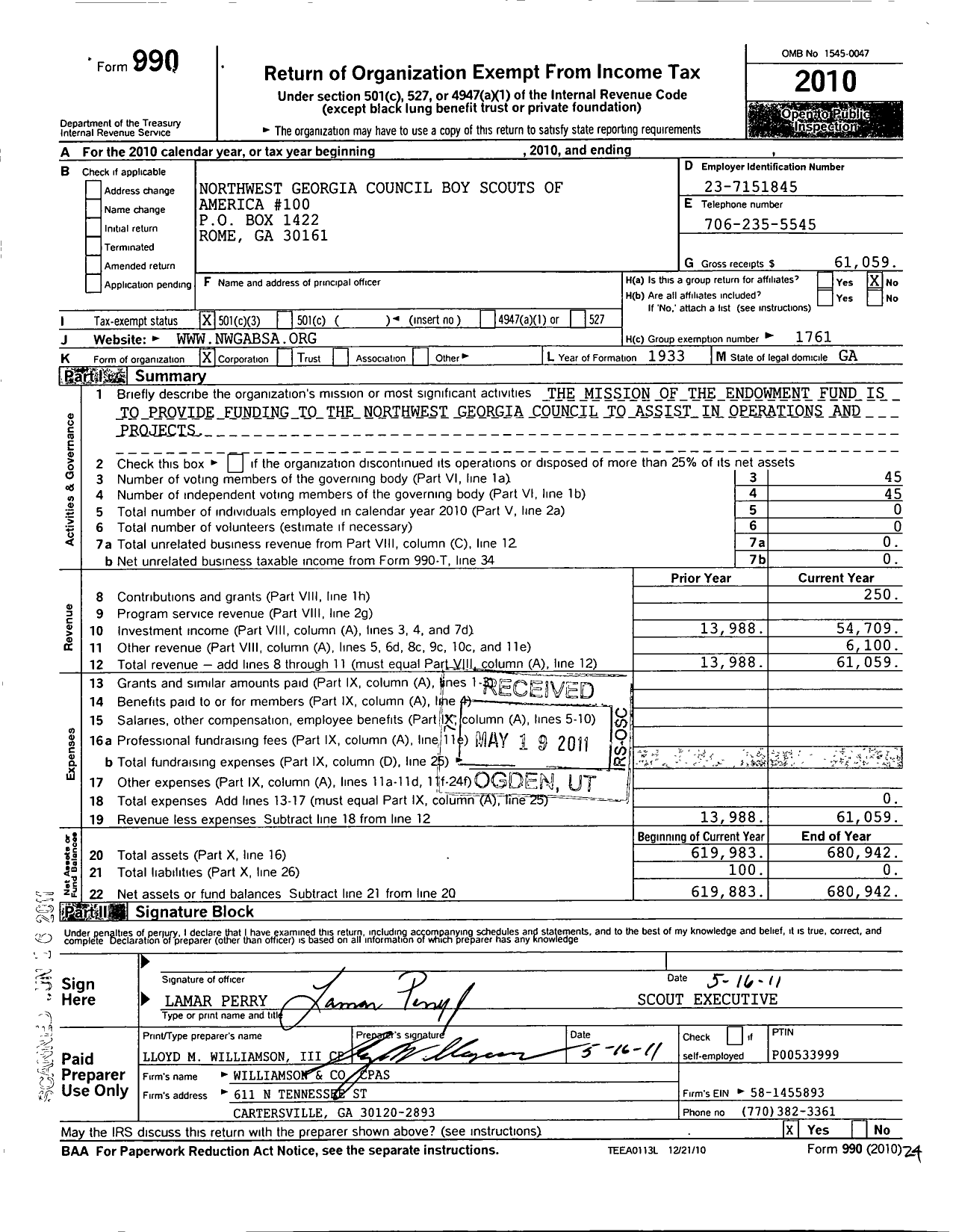 Image of first page of 2010 Form 990 for Northwest Georgia Council Boy Scouts of America 100