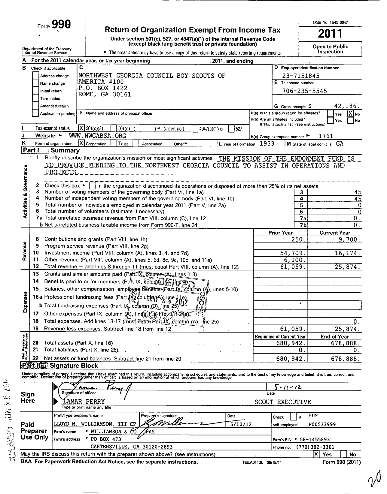 Image of first page of 2011 Form 990 for Northwest Georgia Council Boy Scouts of America 100