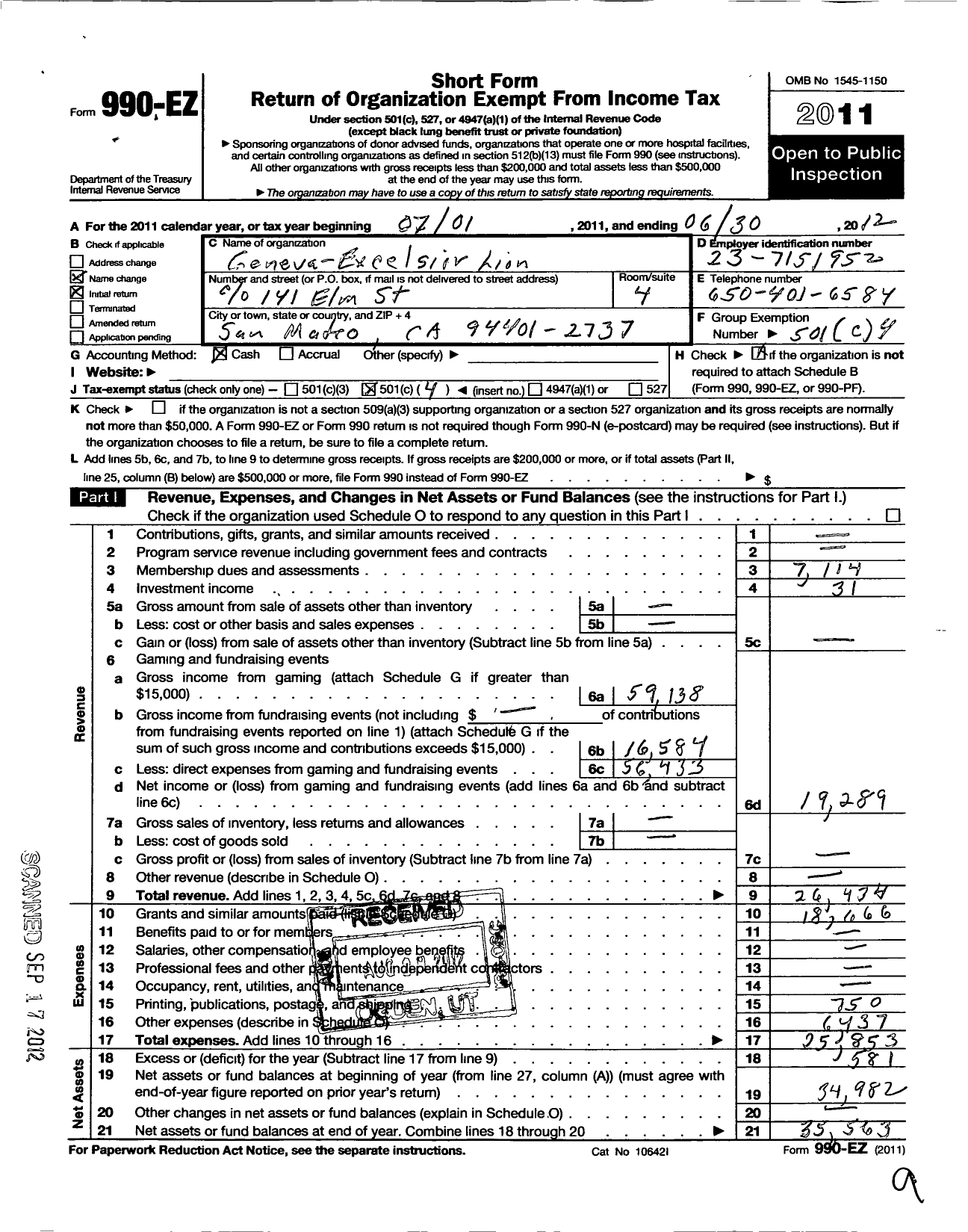 Image of first page of 2011 Form 990EO for Lions Clubs - 2136 San Francisco Geneva Excelsior