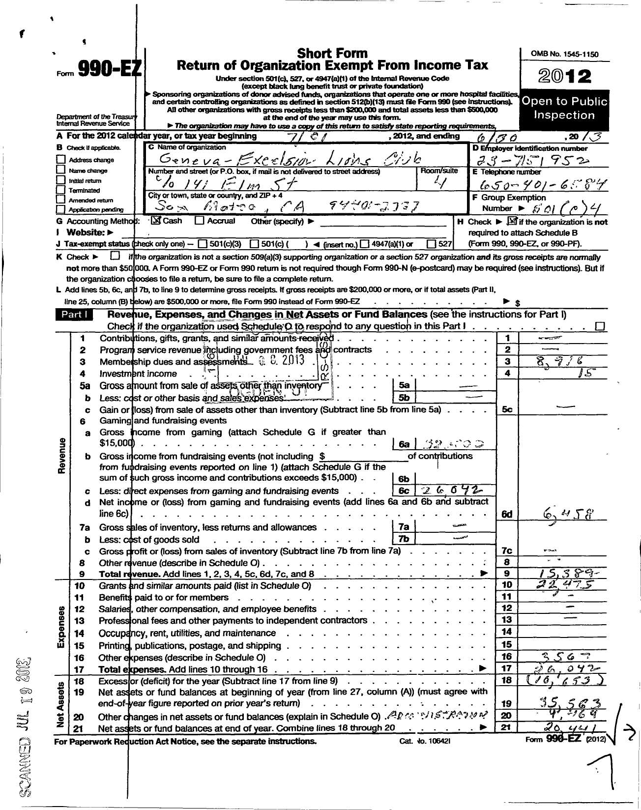 Image of first page of 2012 Form 990EO for Lions Clubs - 2136 San Francisco Geneva Excelsior