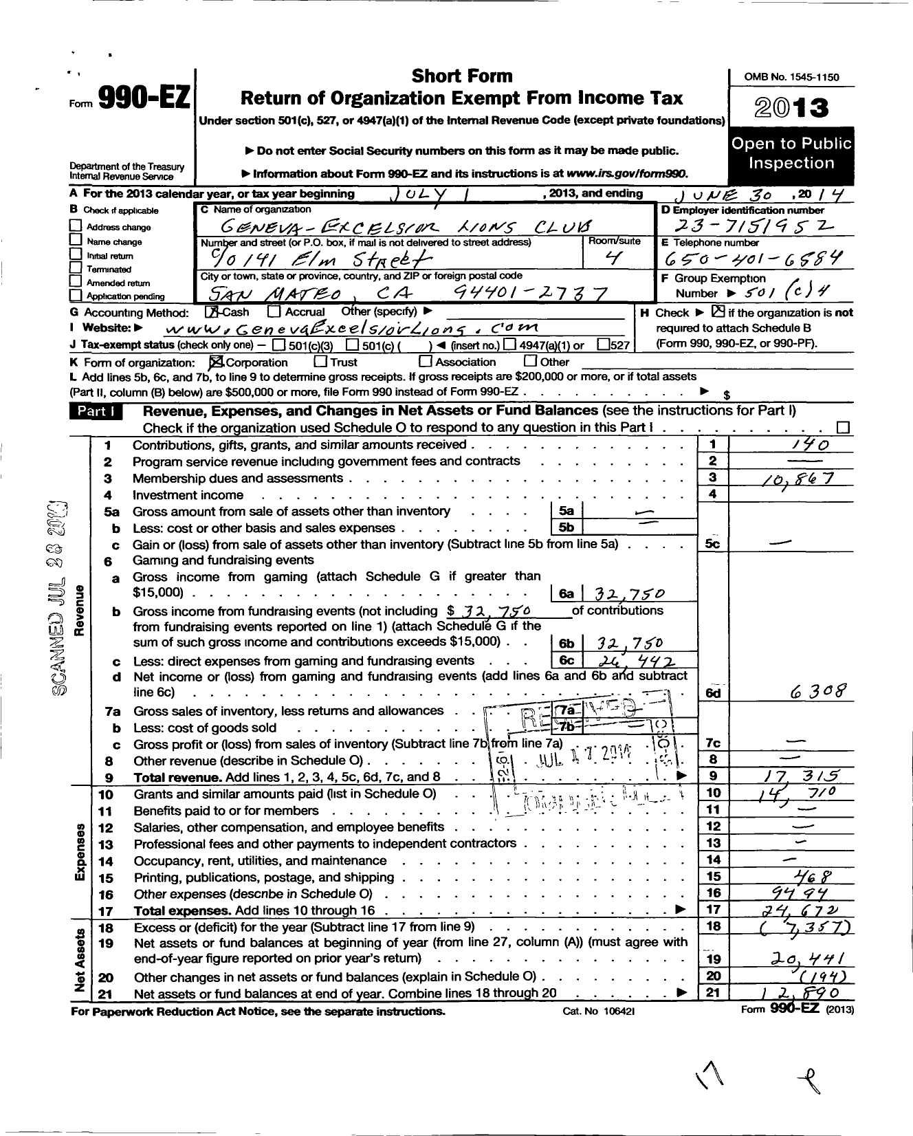 Image of first page of 2013 Form 990EO for Lions Clubs - 2136 San Francisco Geneva Excelsior