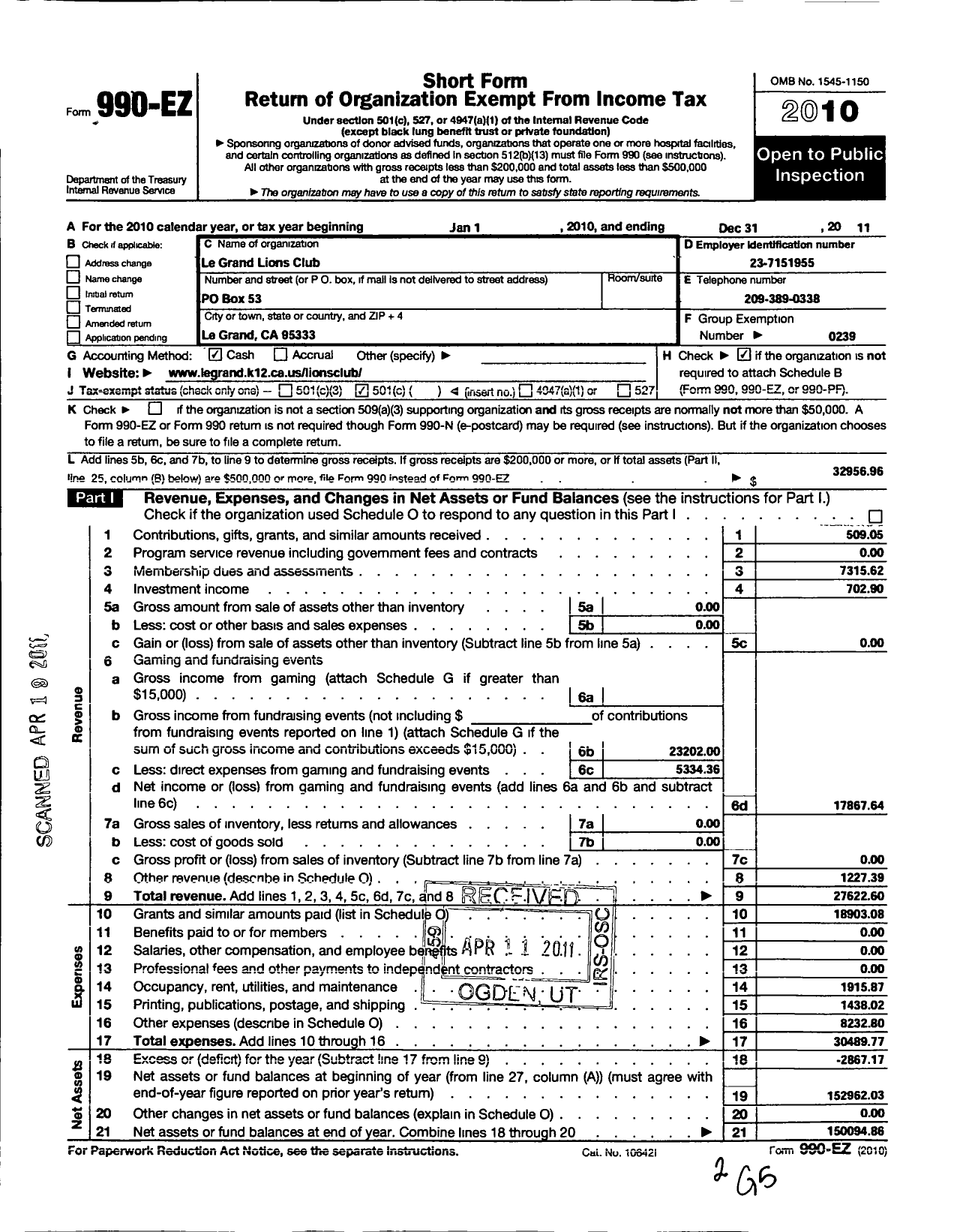 Image of first page of 2011 Form 990EO for Lions Clubs - 2265 Le Grand