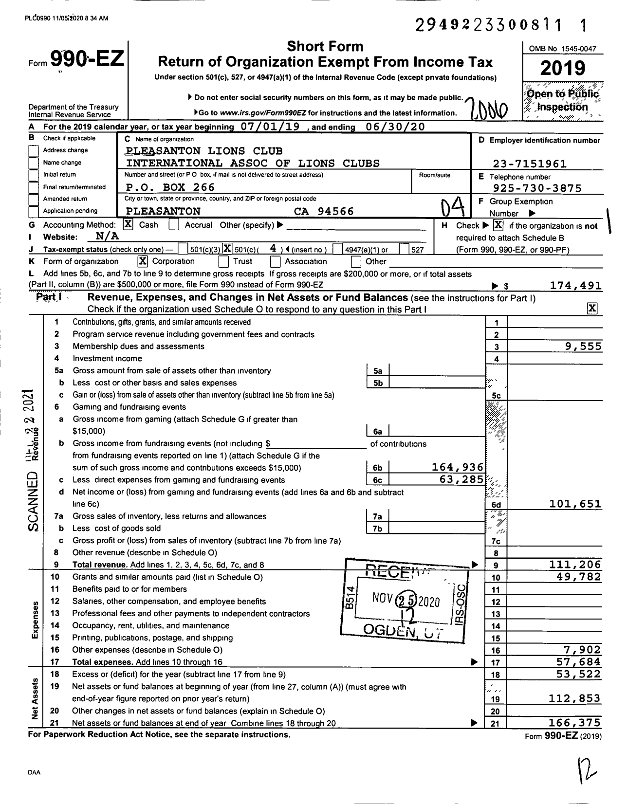 Image of first page of 2019 Form 990EO for Lions Clubs - 2100 Pleasanton