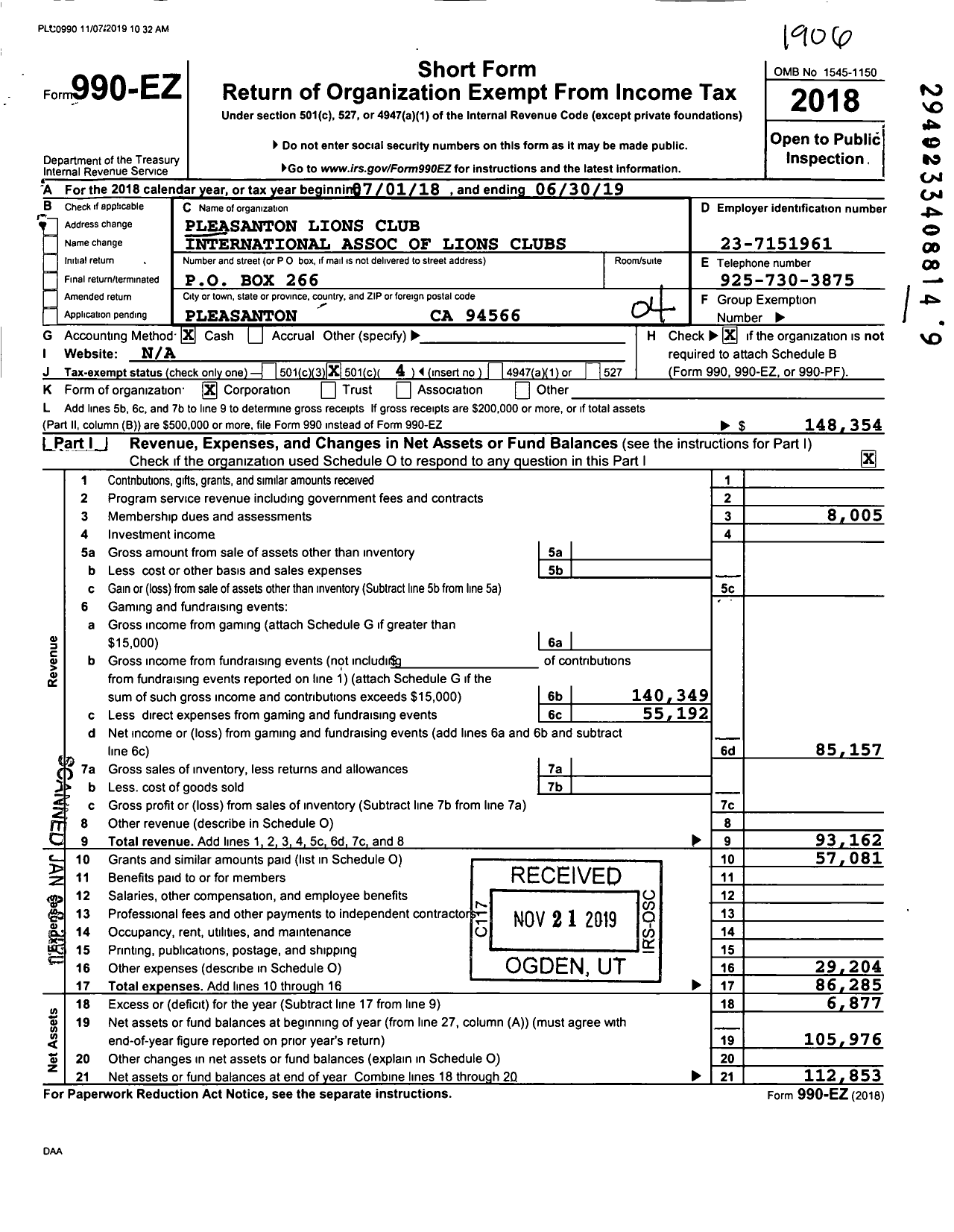 Image of first page of 2018 Form 990EO for Lions Clubs - 2100 Pleasanton