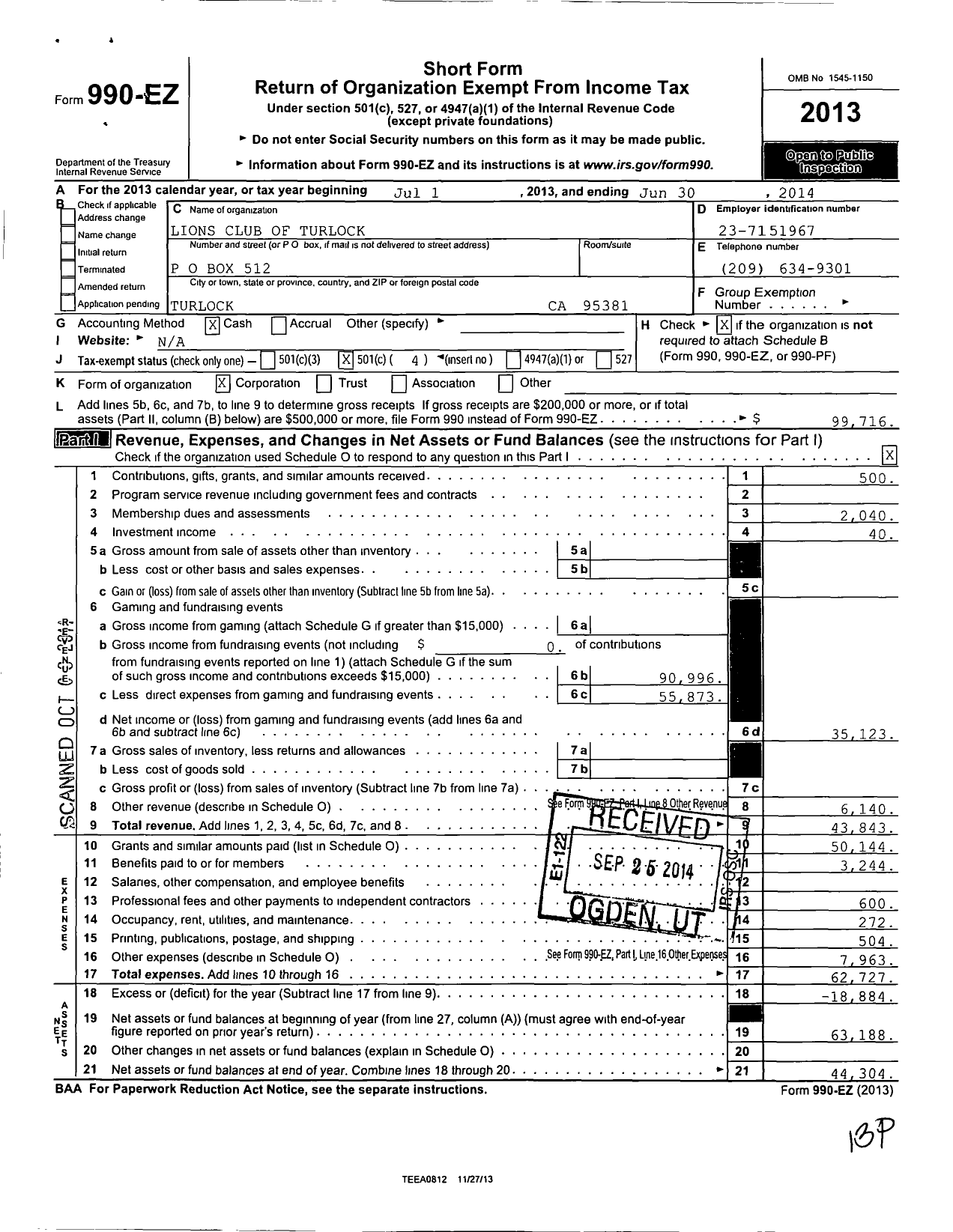 Image of first page of 2013 Form 990EO for Lions Clubs - 2304 Turlock