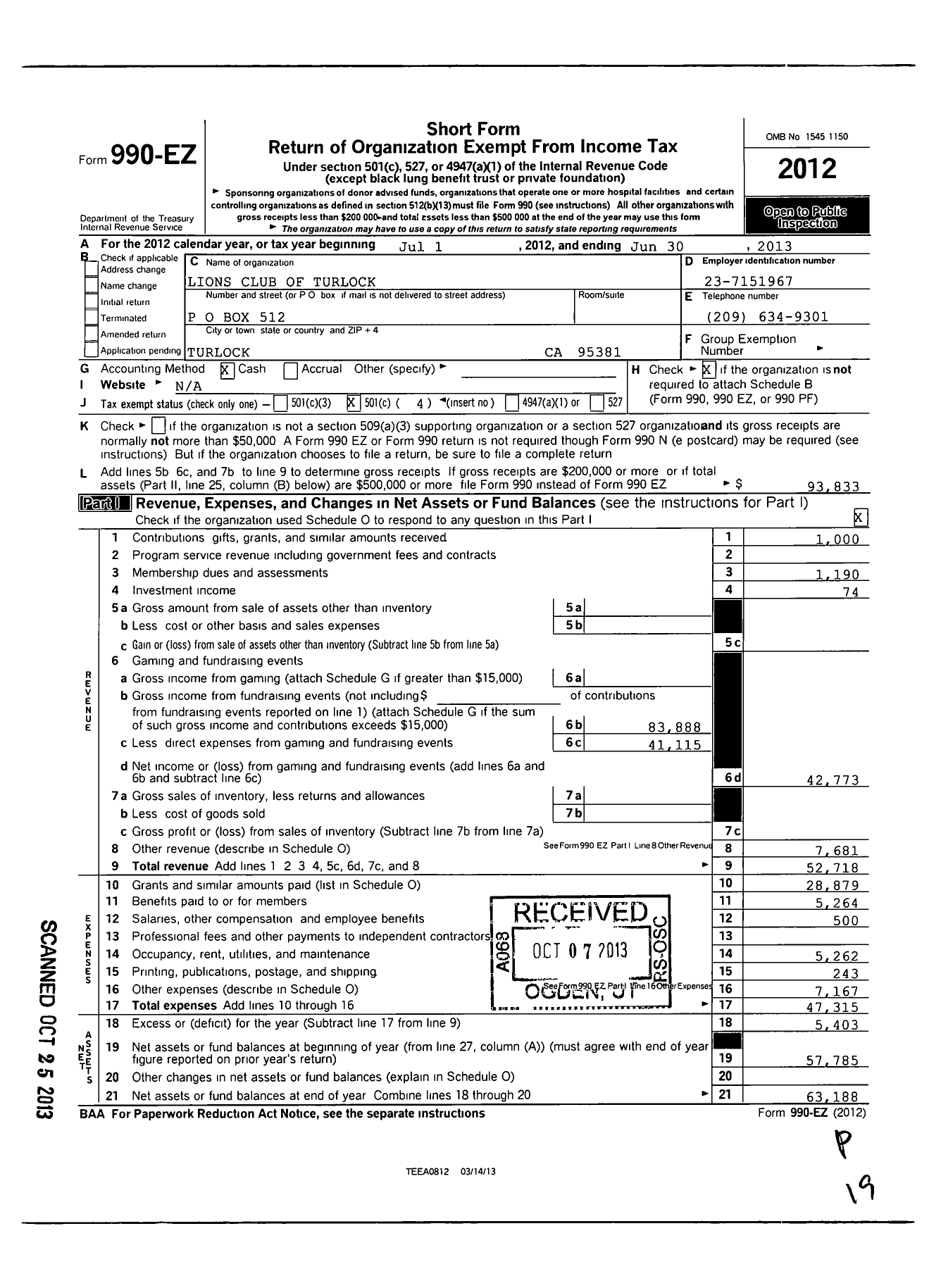 Image of first page of 2012 Form 990EO for Lions Clubs - 2304 Turlock