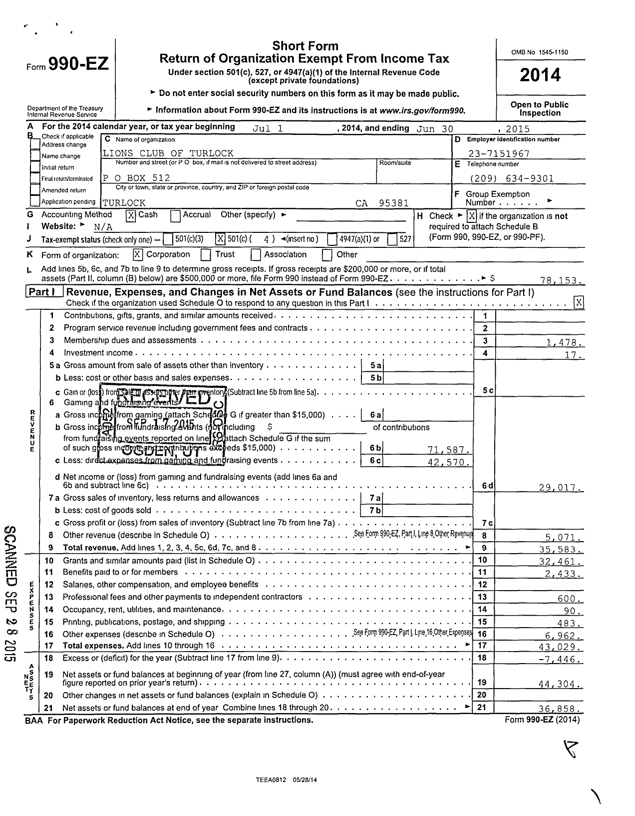 Image of first page of 2014 Form 990EO for Lions Clubs - 2304 Turlock