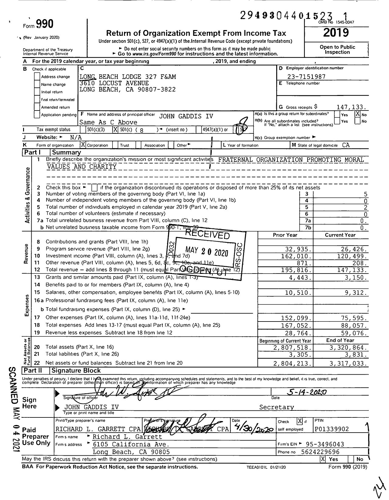 Image of first page of 2019 Form 990O for Masons of California - 327 Long Beach Lodge