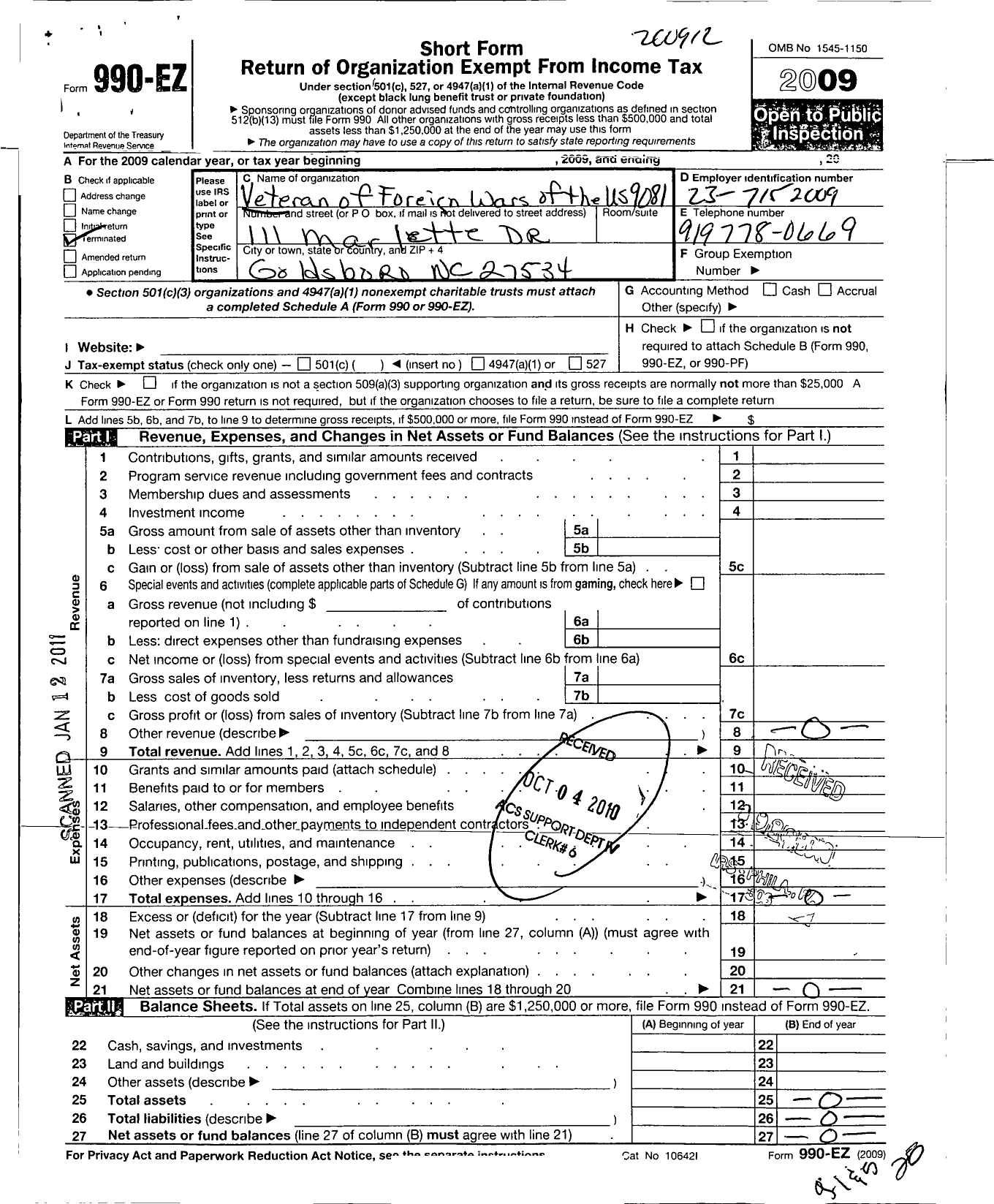 Image of first page of 2009 Form 990EO for Veterans of Foreign Wars of the VFW NC Auxiliary - 2615 VFW Auxiliary