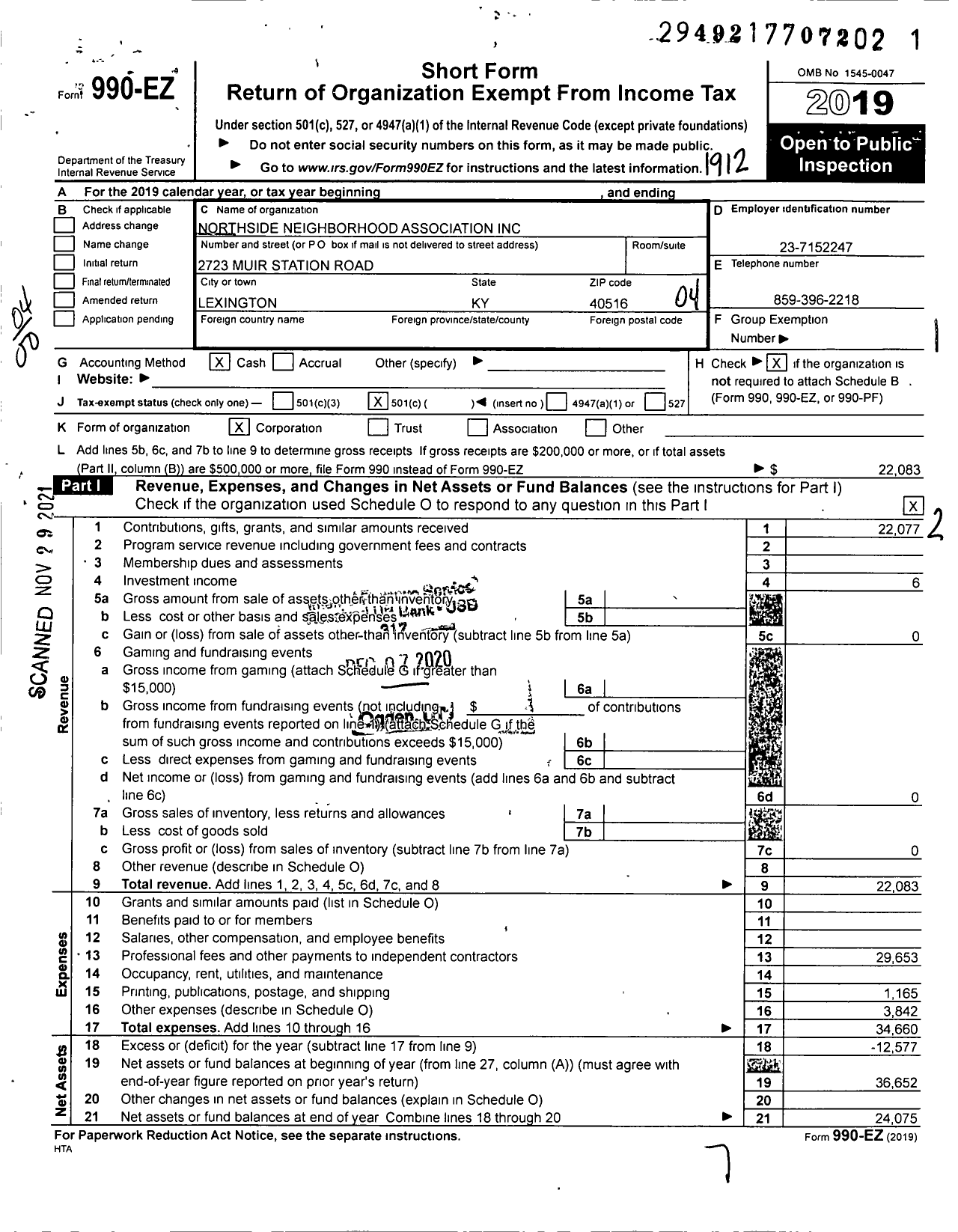 Image of first page of 2019 Form 990EO for Northside Neighborhood Association