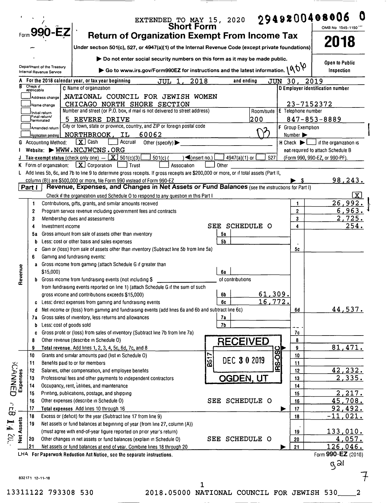 Image of first page of 2018 Form 990EZ for National Council for Jewish Women Chicago North Shore Section