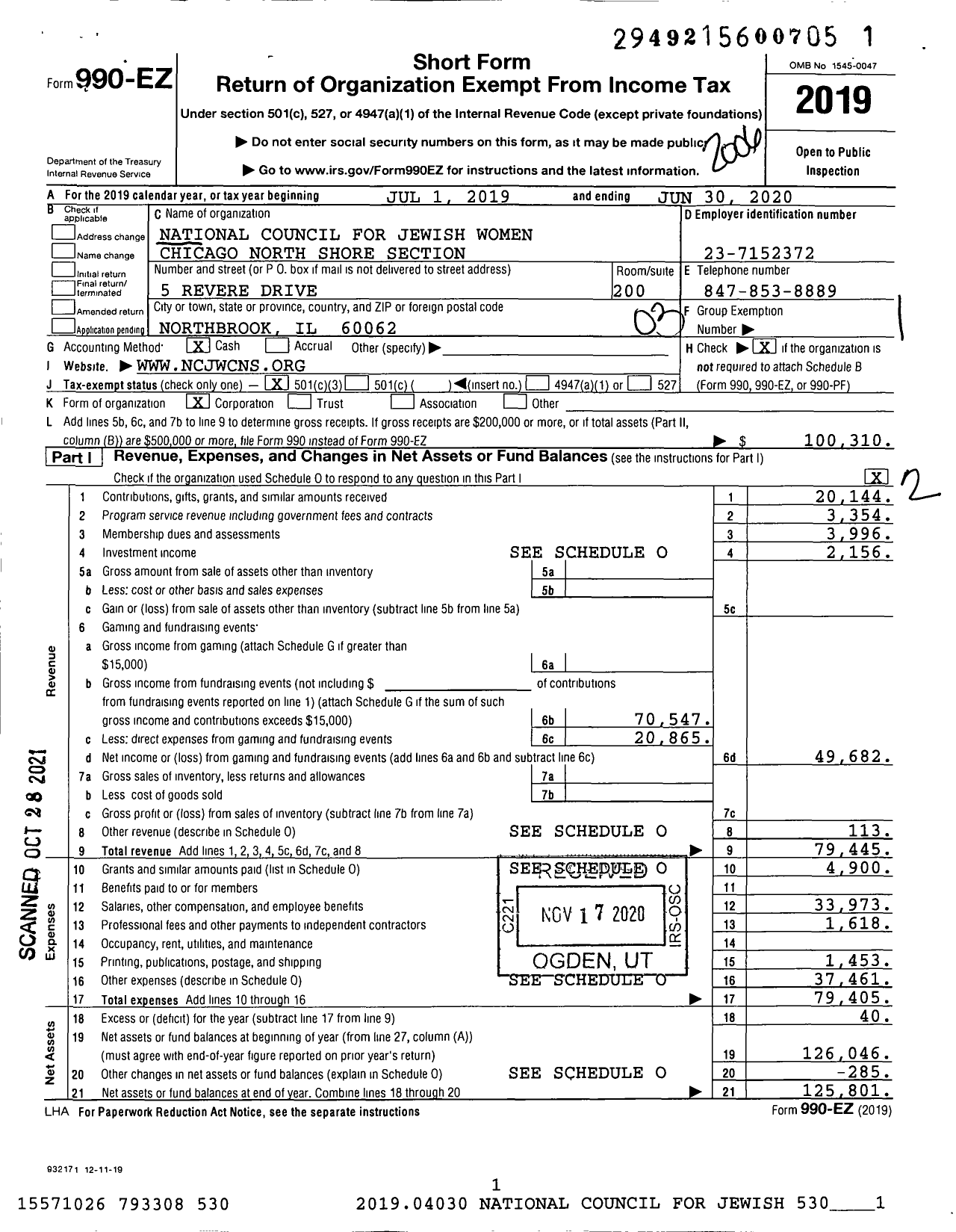 Image of first page of 2019 Form 990EZ for National Council for Jewish Women Chicago North Shore Section