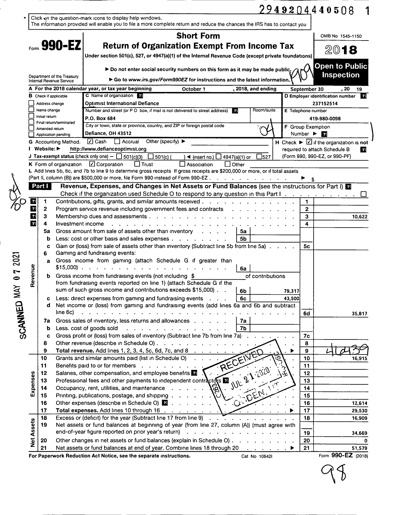 Image of first page of 2018 Form 990EO for Optimist International - 24111 Oc of Defiance Oh