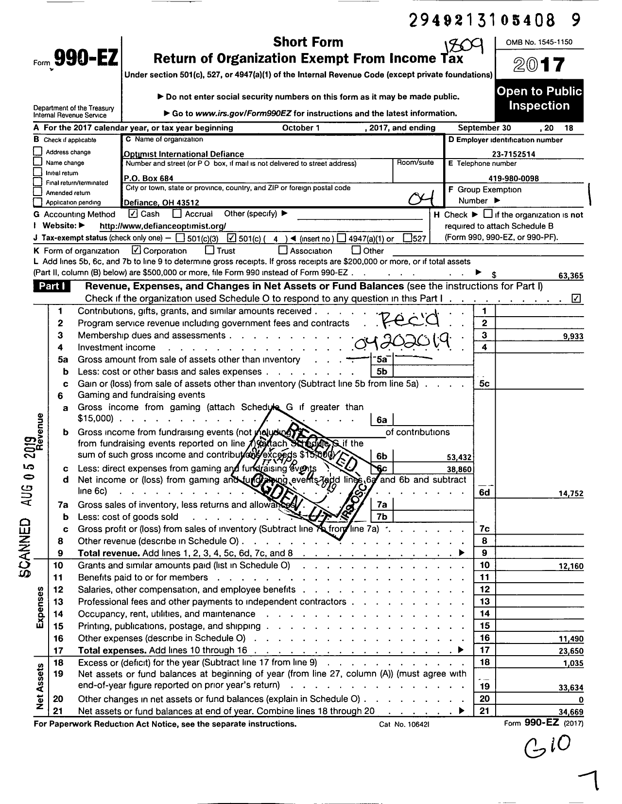 Image of first page of 2017 Form 990EO for Optimist International - 24111 Oc of Defiance Oh