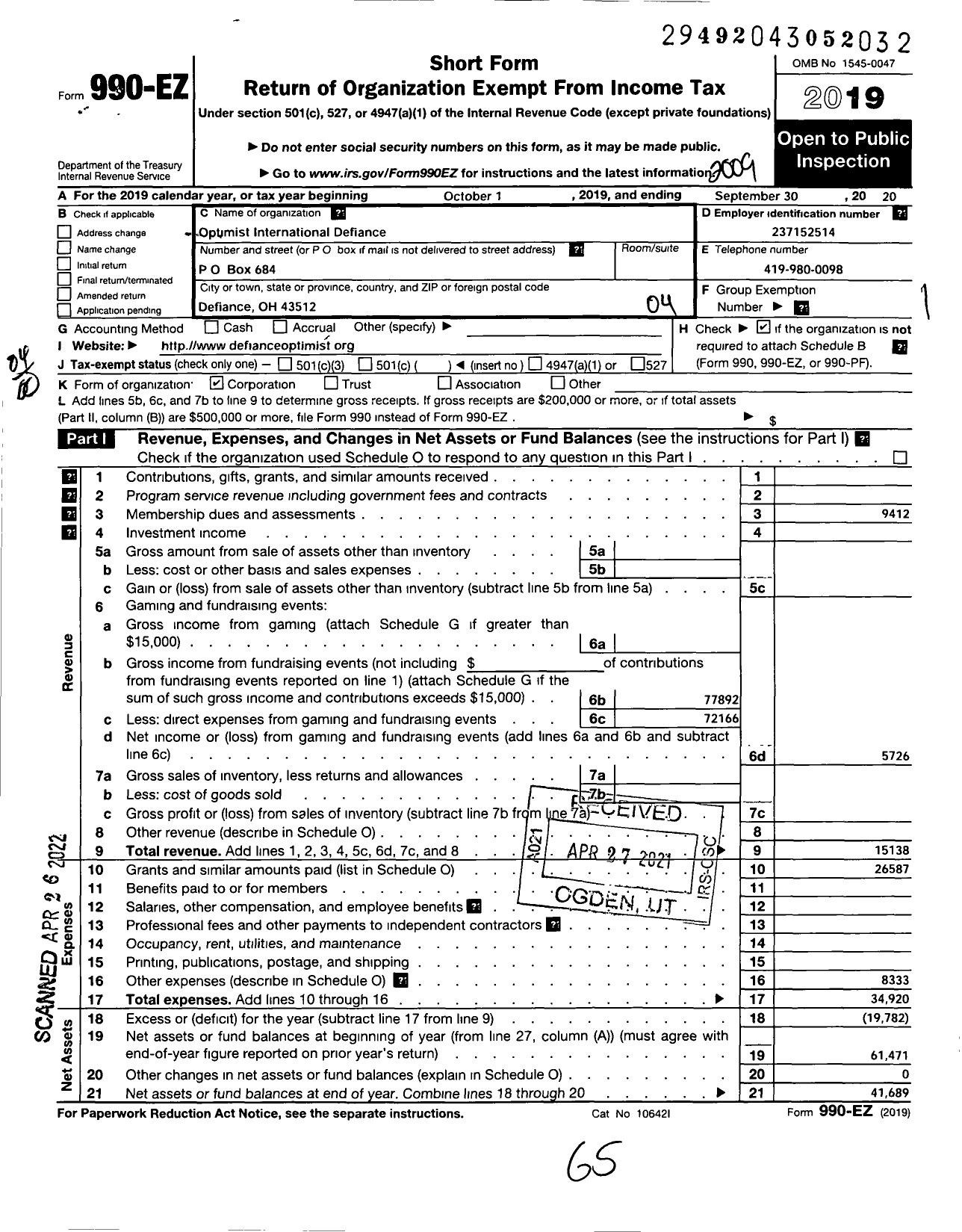 Image of first page of 2019 Form 990EO for Optimist International - 24111 Oc of Defiance Oh